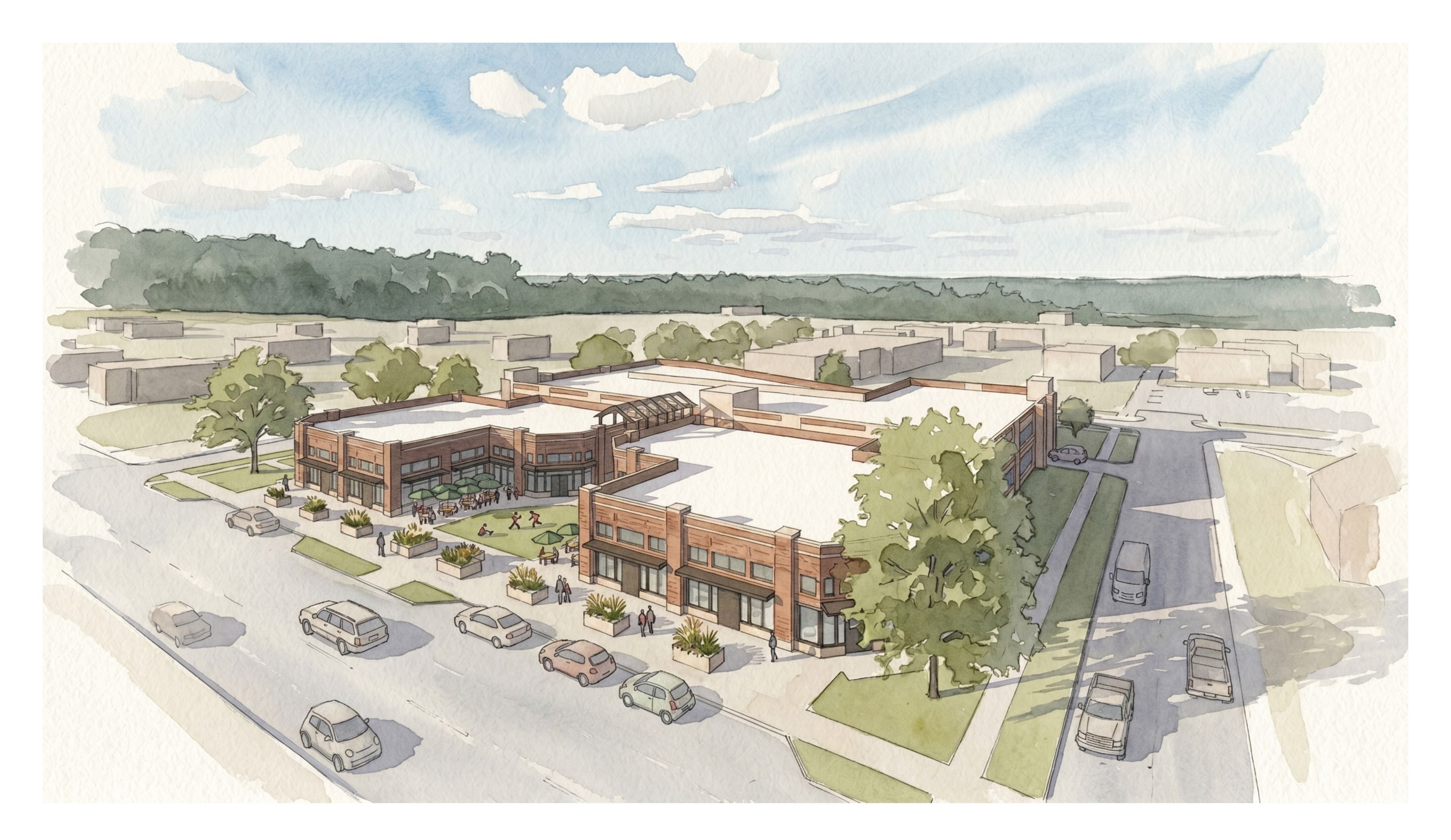 Fulshear Downtown retail aerial rendering, showing a two-story brick retail building with a central courtyard and surrounding parking