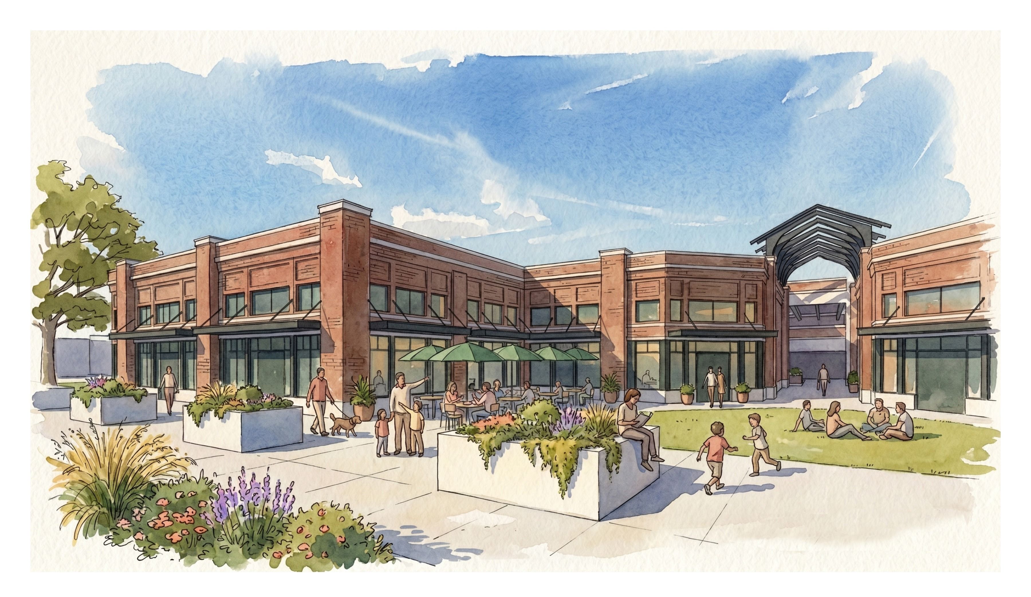 Fulshear Downtown retail courtyard rendering, ground-level view of shoppers and diners under string lighting and umbrellas