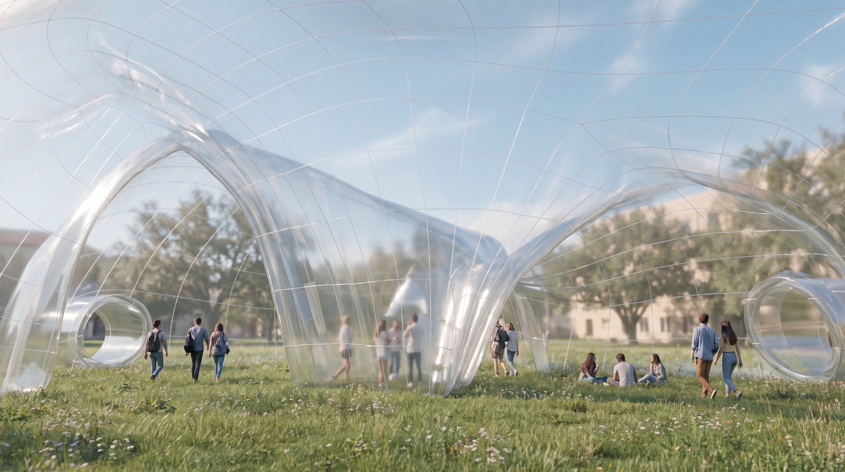 Interior view looking up through the pavilion's arched, gridded inflatable structure as visitors gather beneath it