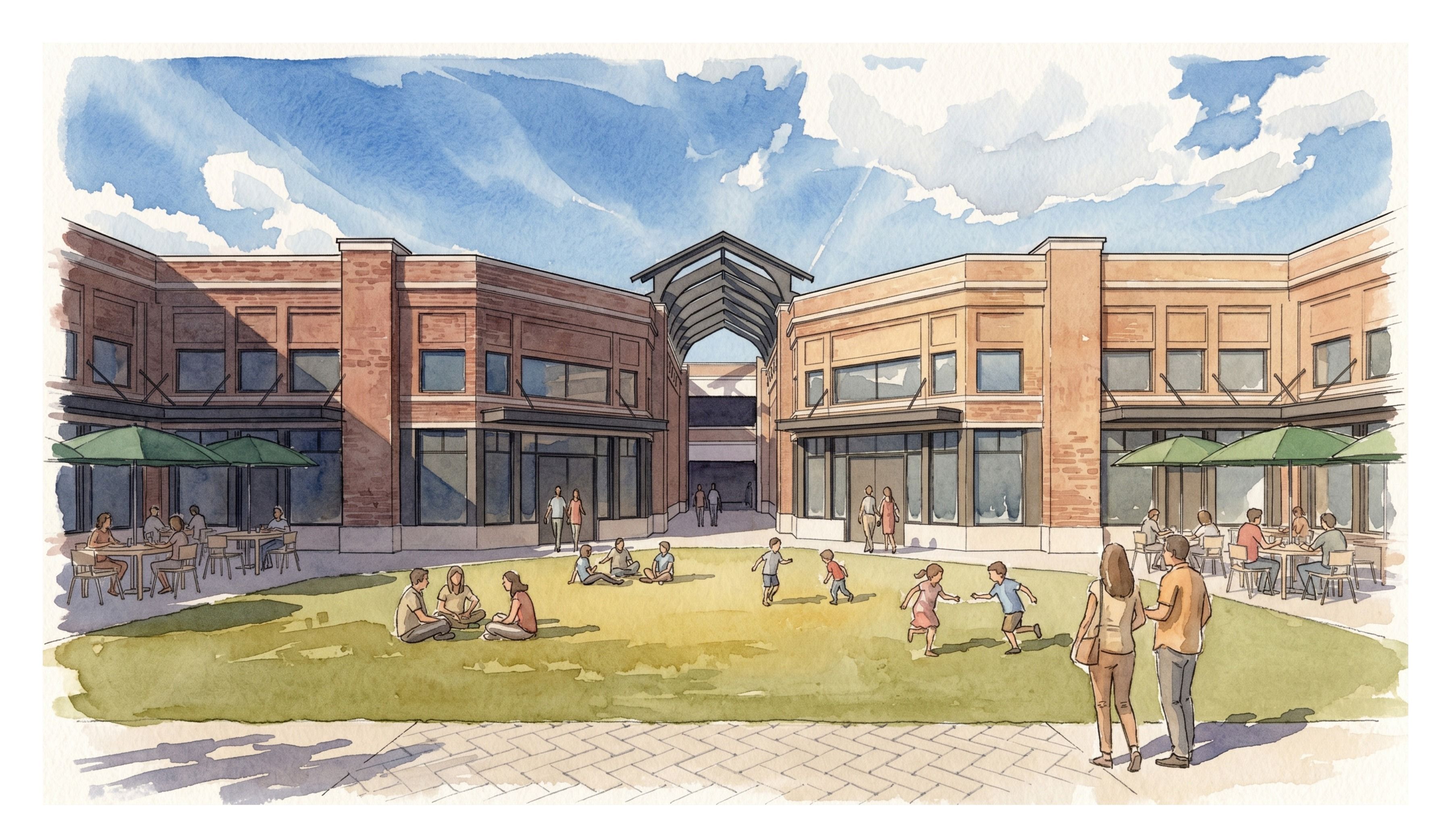 Fulshear Downtown courtyard rendering, view through a covered breezeway toward a landscaped lawn with families