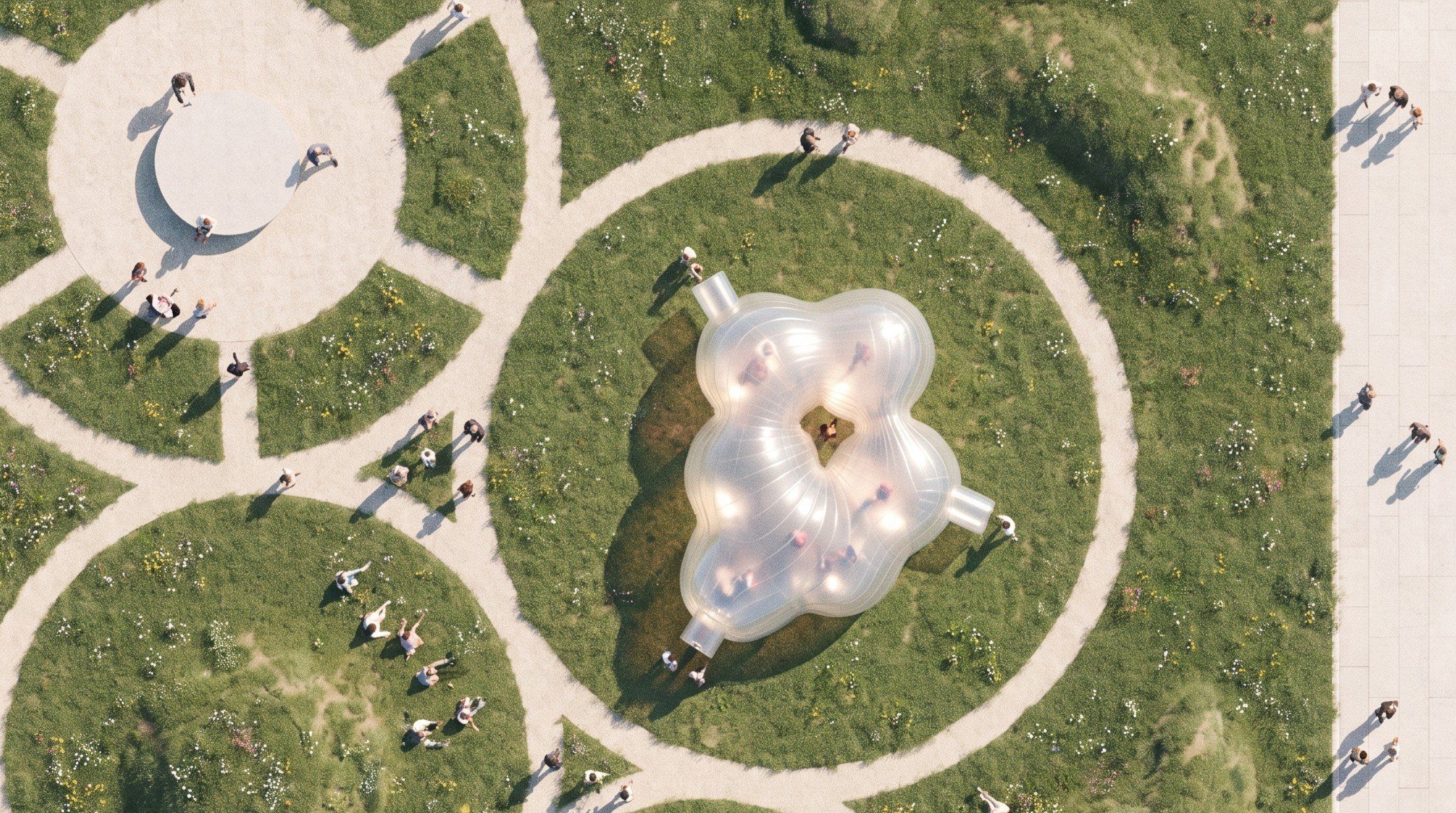Aerial view of the pavilion's cloud-like plan form set within circular lawn paths, glowing from within at dusk