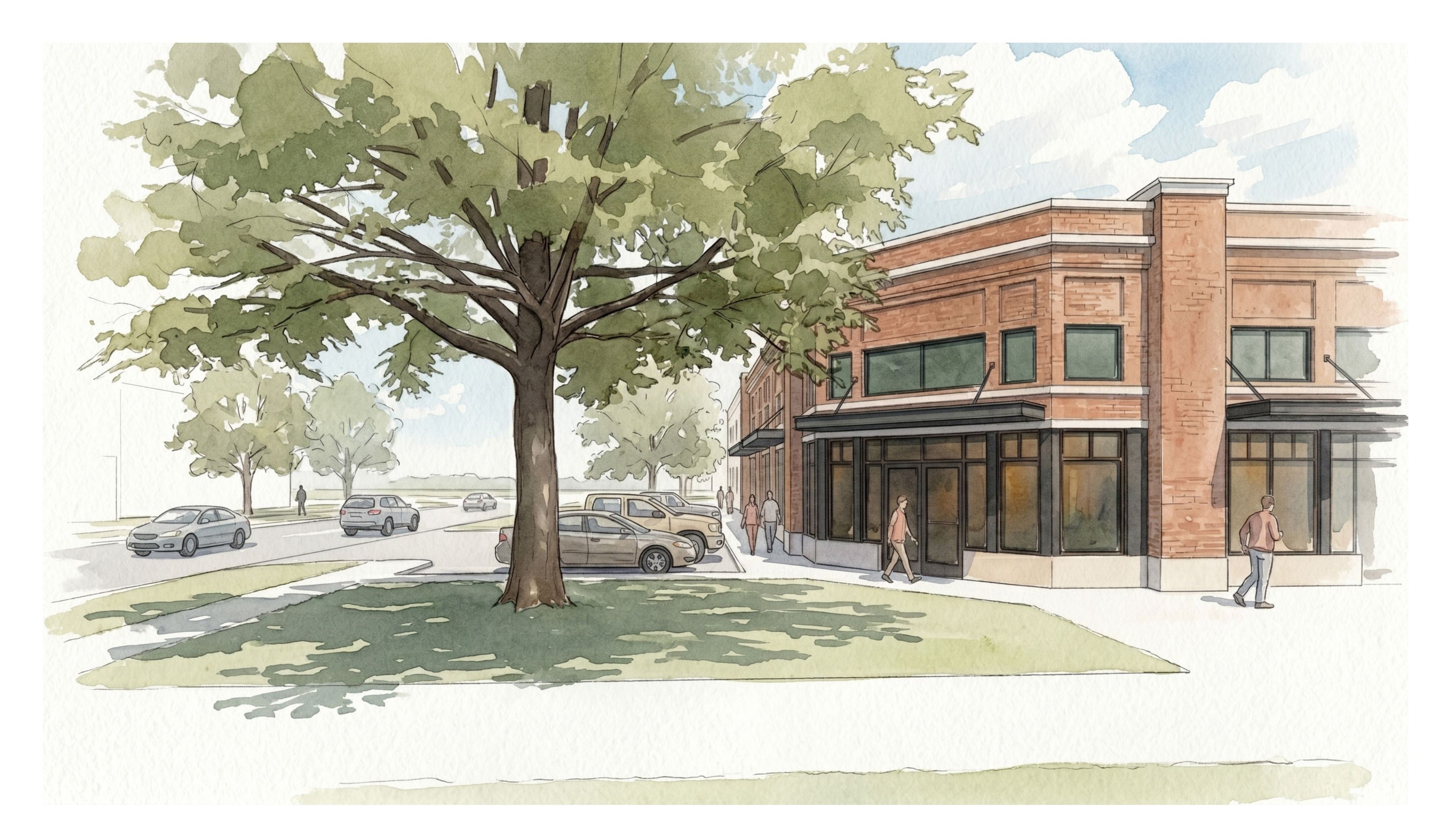 Fulshear Downtown retail corner rendering, ground-level street view beneath a large shade tree