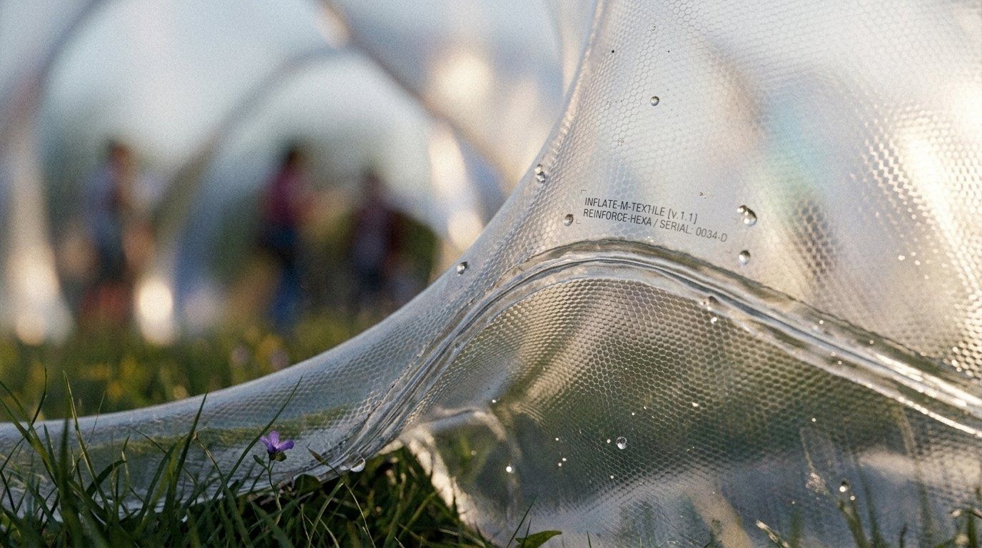 Close-up of the inflatable membrane's seam and printed material label, with dew drops on the textured surface