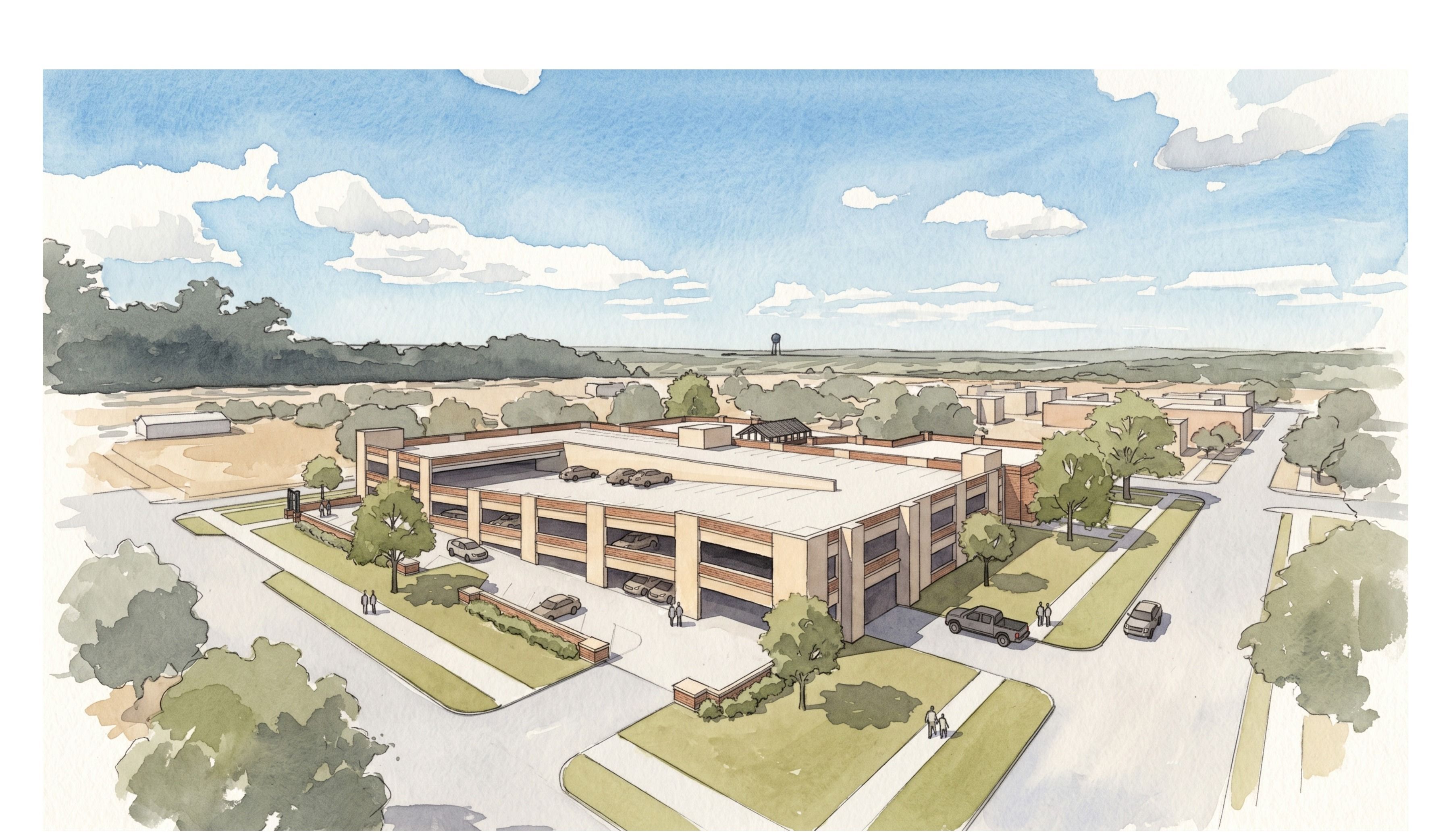 Fulshear Downtown parking garage aerial rendering