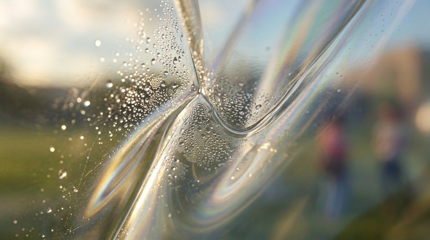 Macro detail of condensation and light refracting across the inflatable membrane's surface