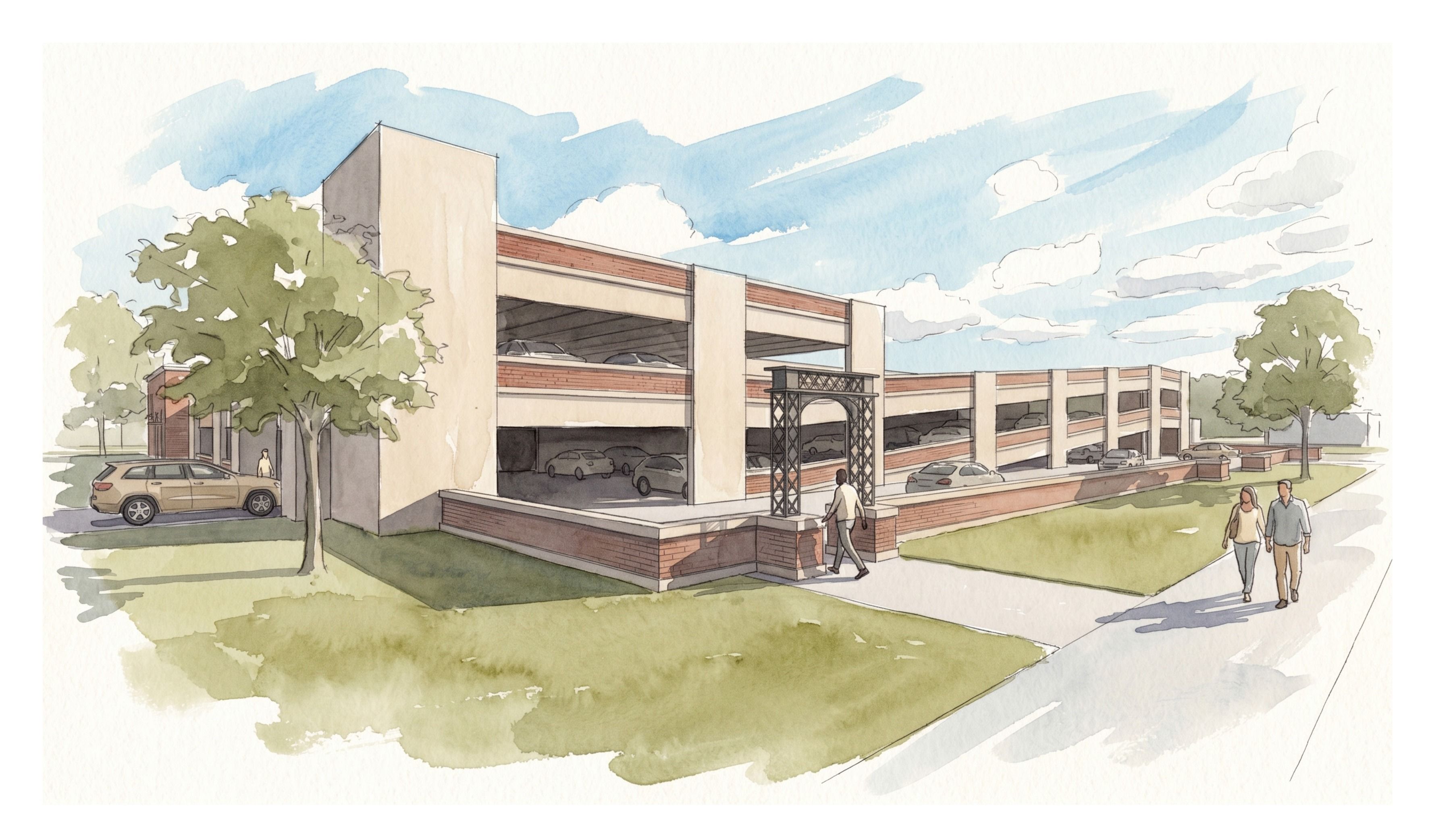 Fulshear Downtown parking garage rendering, ground-level view of the entrance