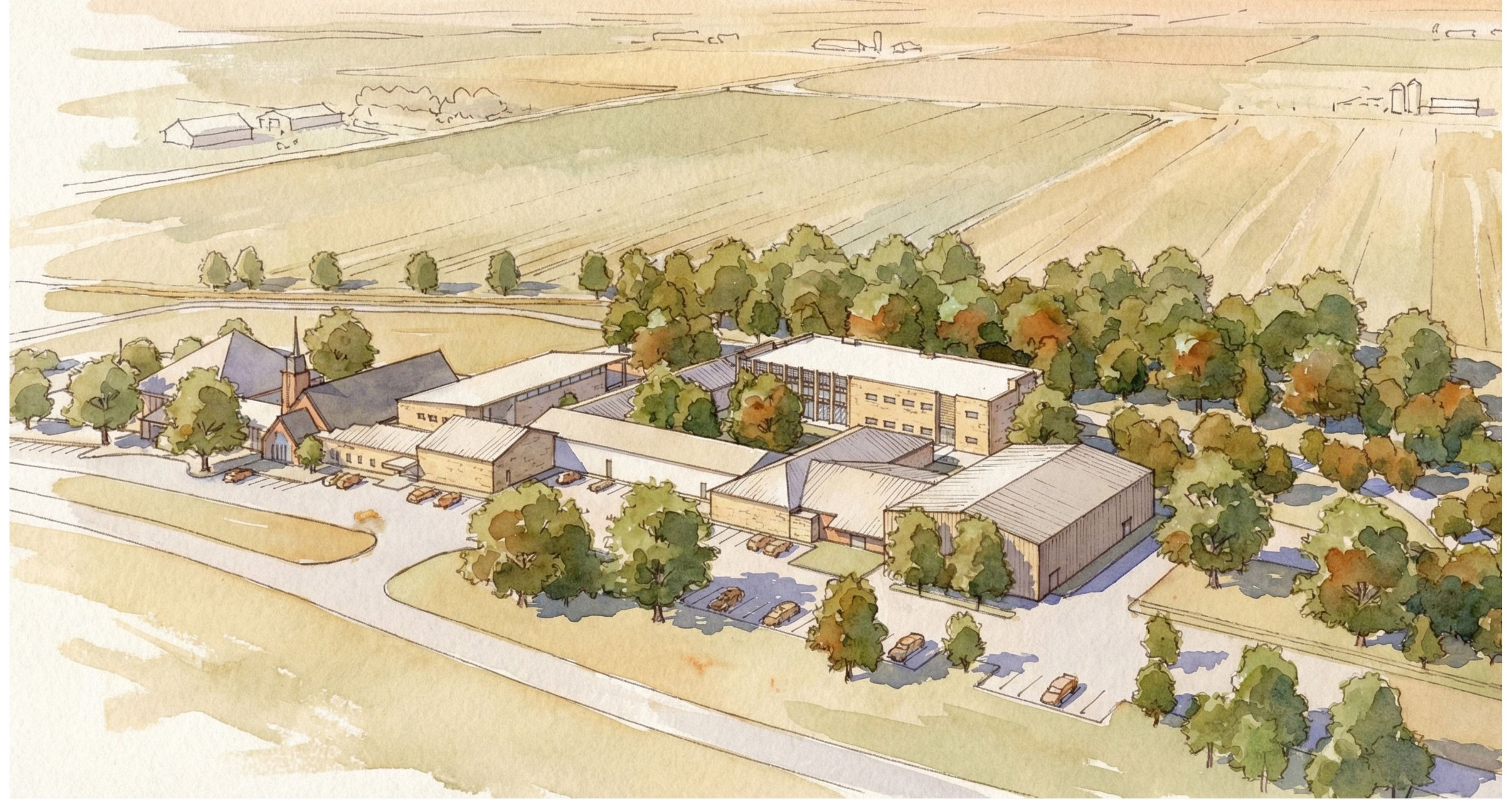 Zion Lutheran Church master plan site aerial, northeast view
