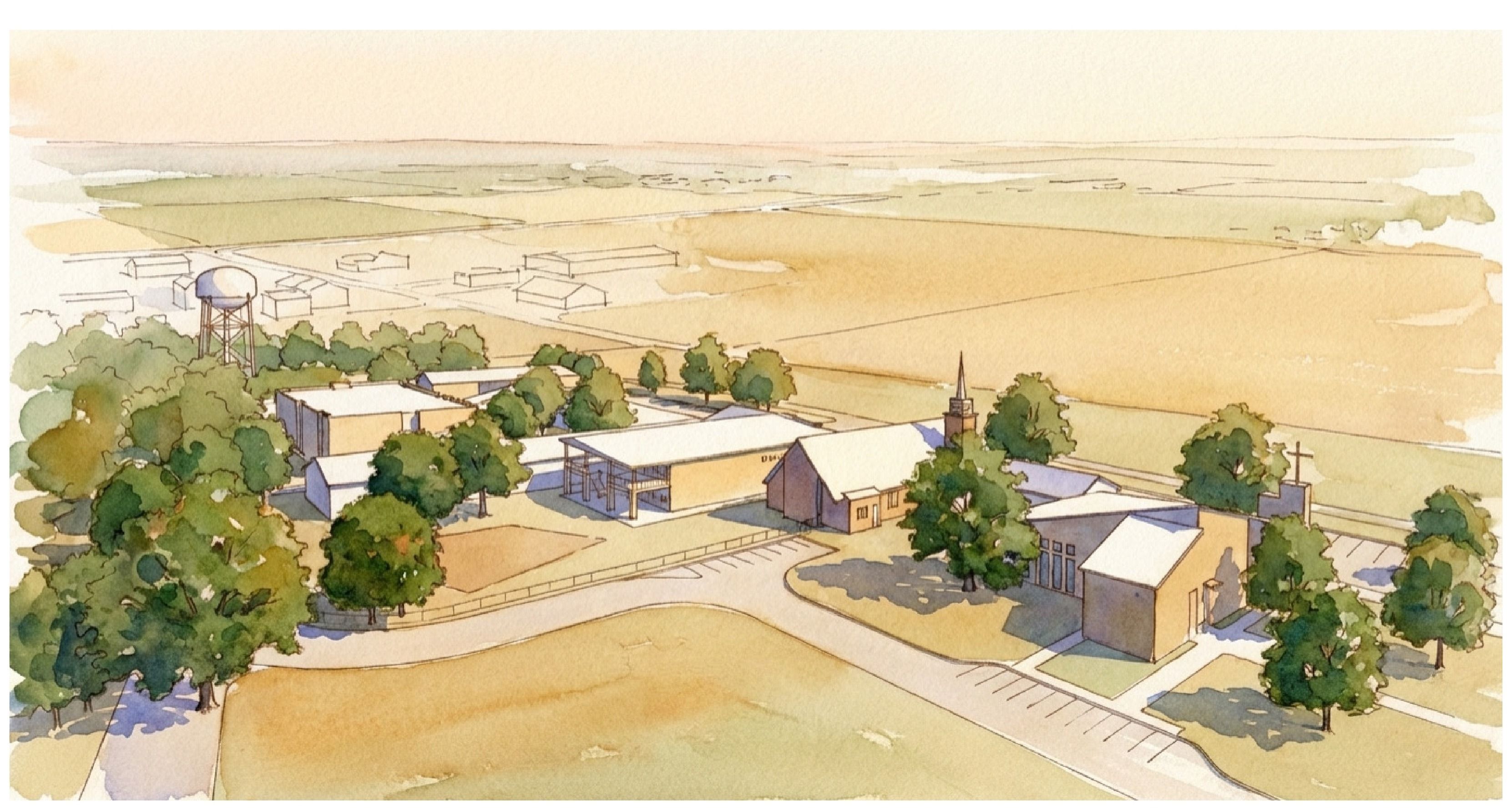Zion Lutheran Church master plan site aerial, southwest view
