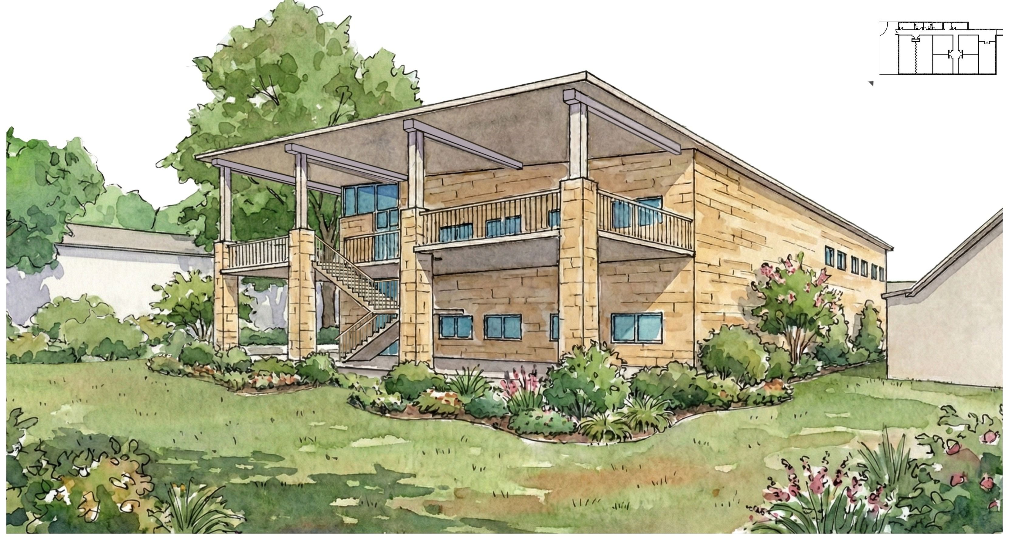 Zion Lutheran Church master plan rendering, exterior perspective of the administration building