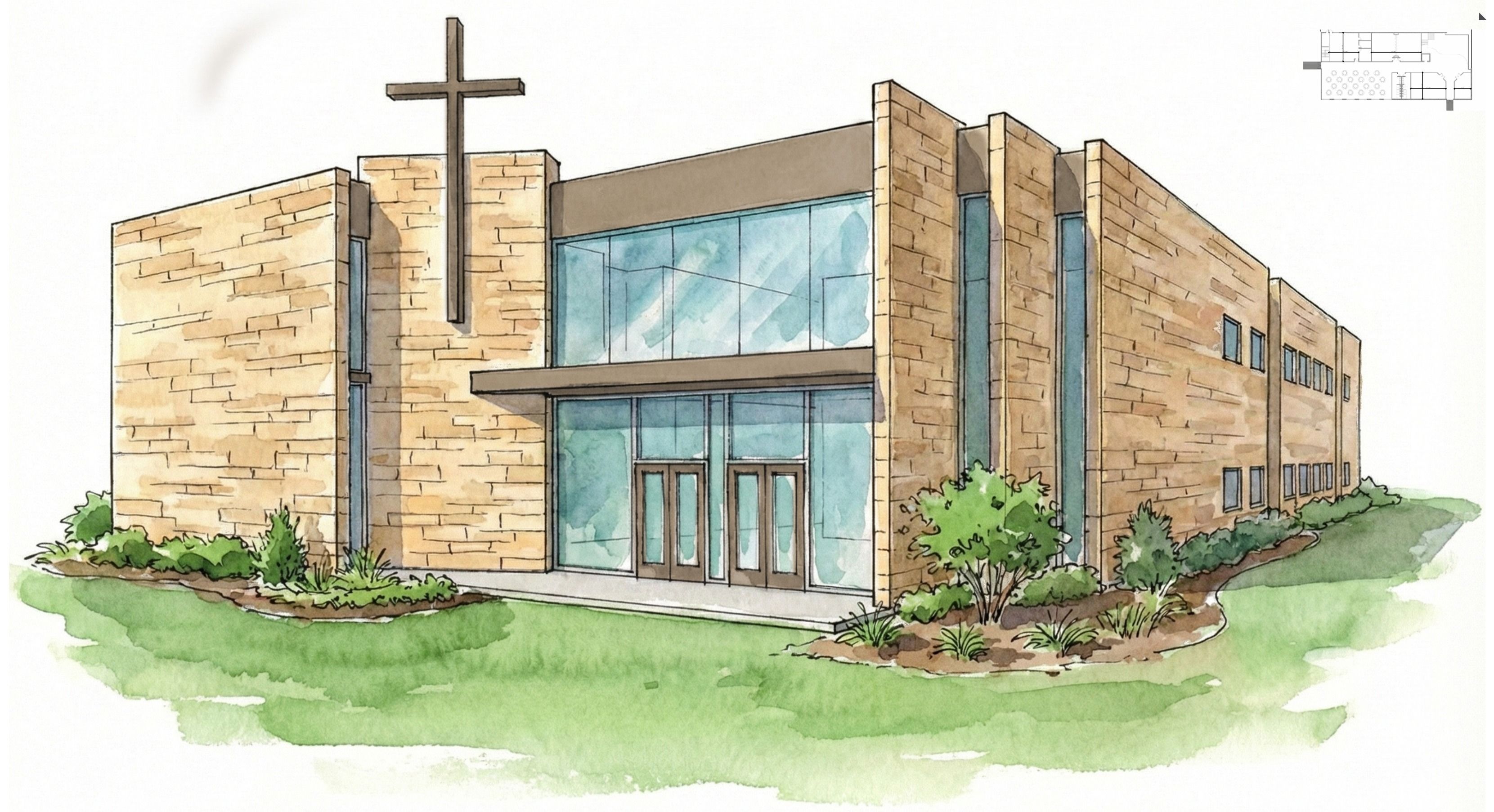 Zion Lutheran Church master plan rendering, exterior perspective of the education building