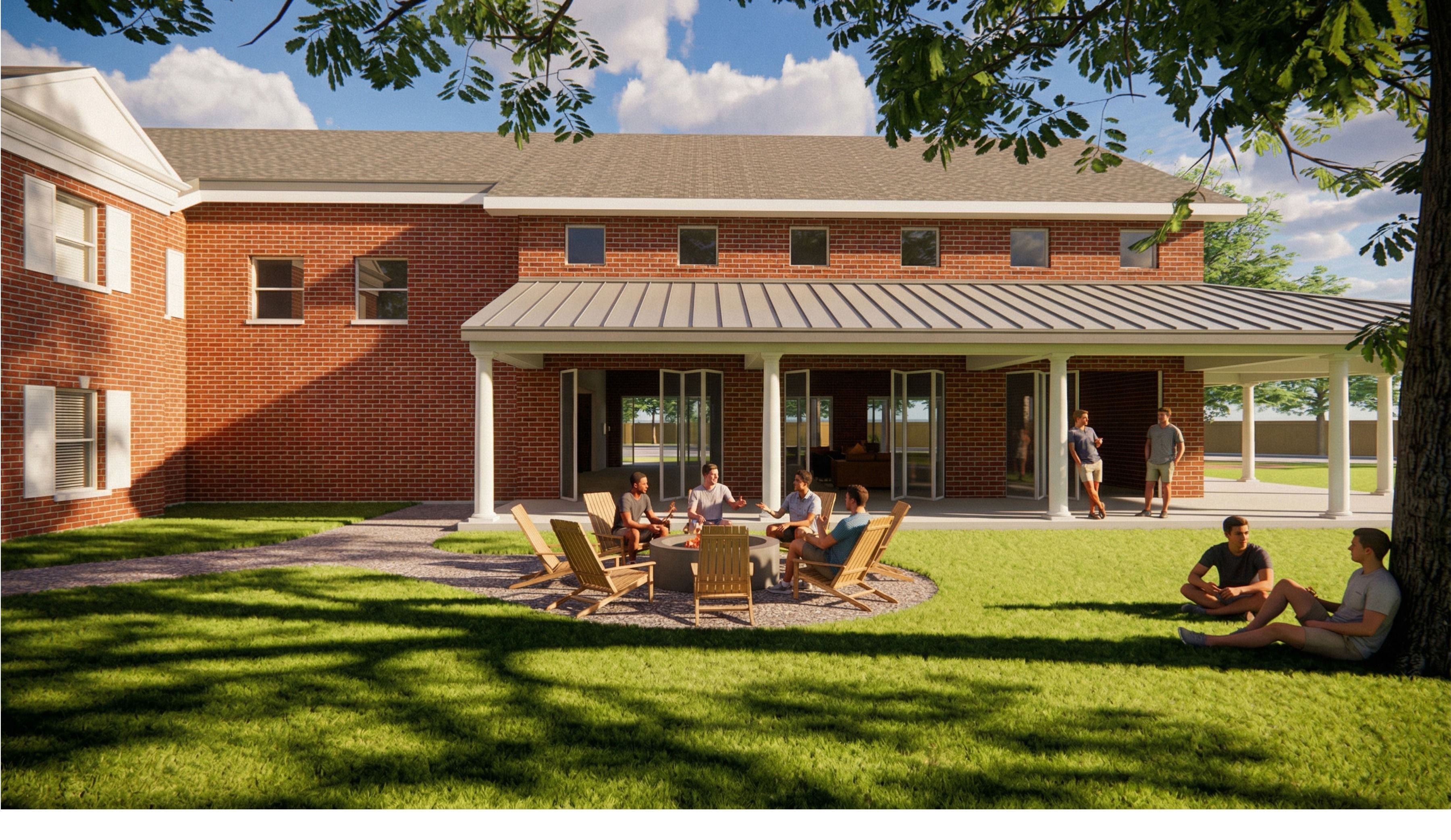 Sigma Chi fraternity house rendering, proposed courtyard with fire pit and covered porch