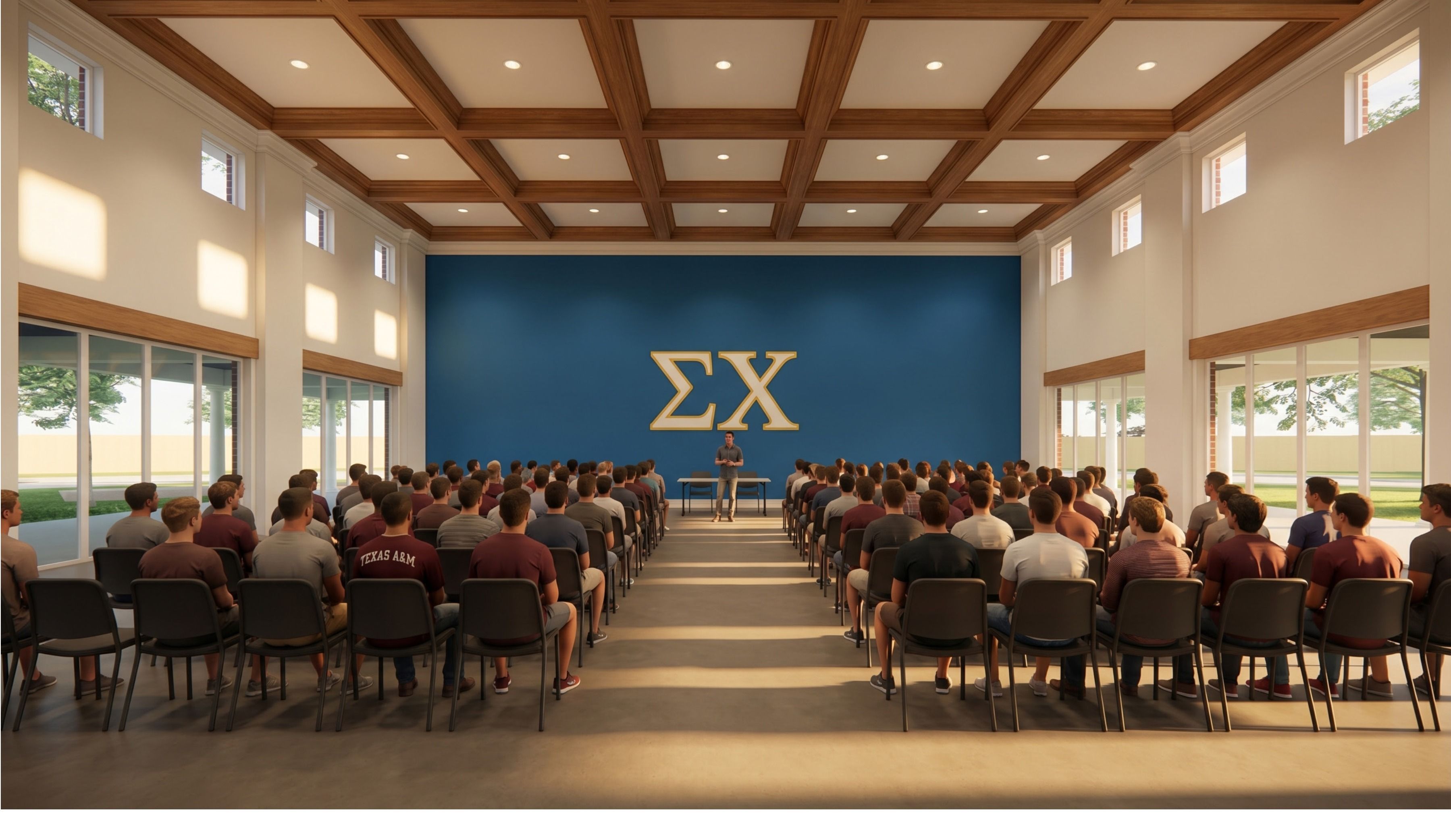 Sigma Chi fraternity house rendering, proposed great hall interior set up for a chapter meeting