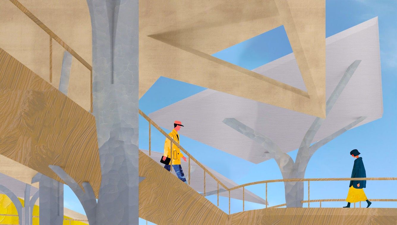 Illustrated exterior view of tree-like branching columns supporting elevated wood walkways, with two figures crossing