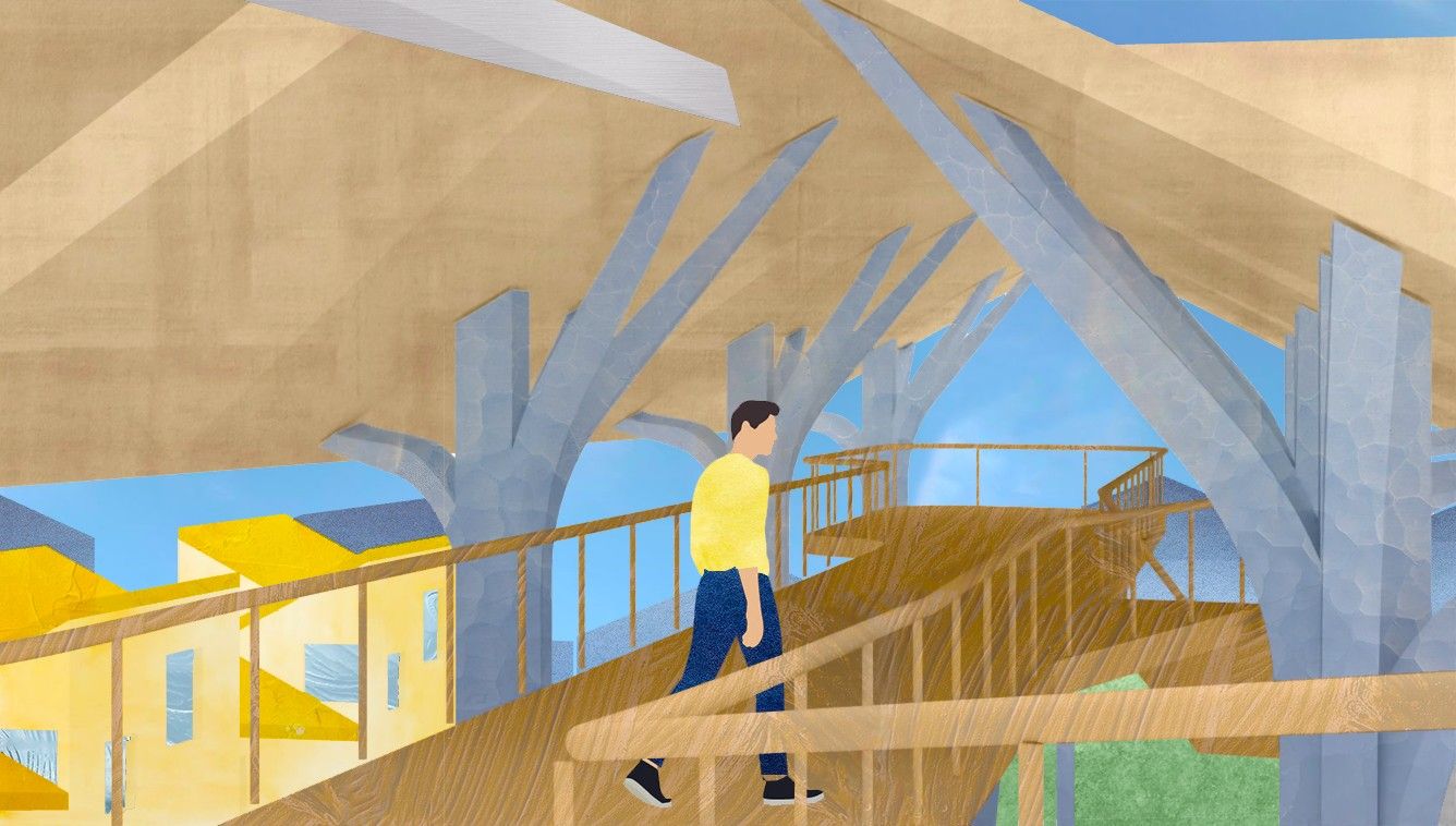 Illustrated exterior view beneath the branching wood-and-steel canopy structure, with a figure crossing an elevated ramp