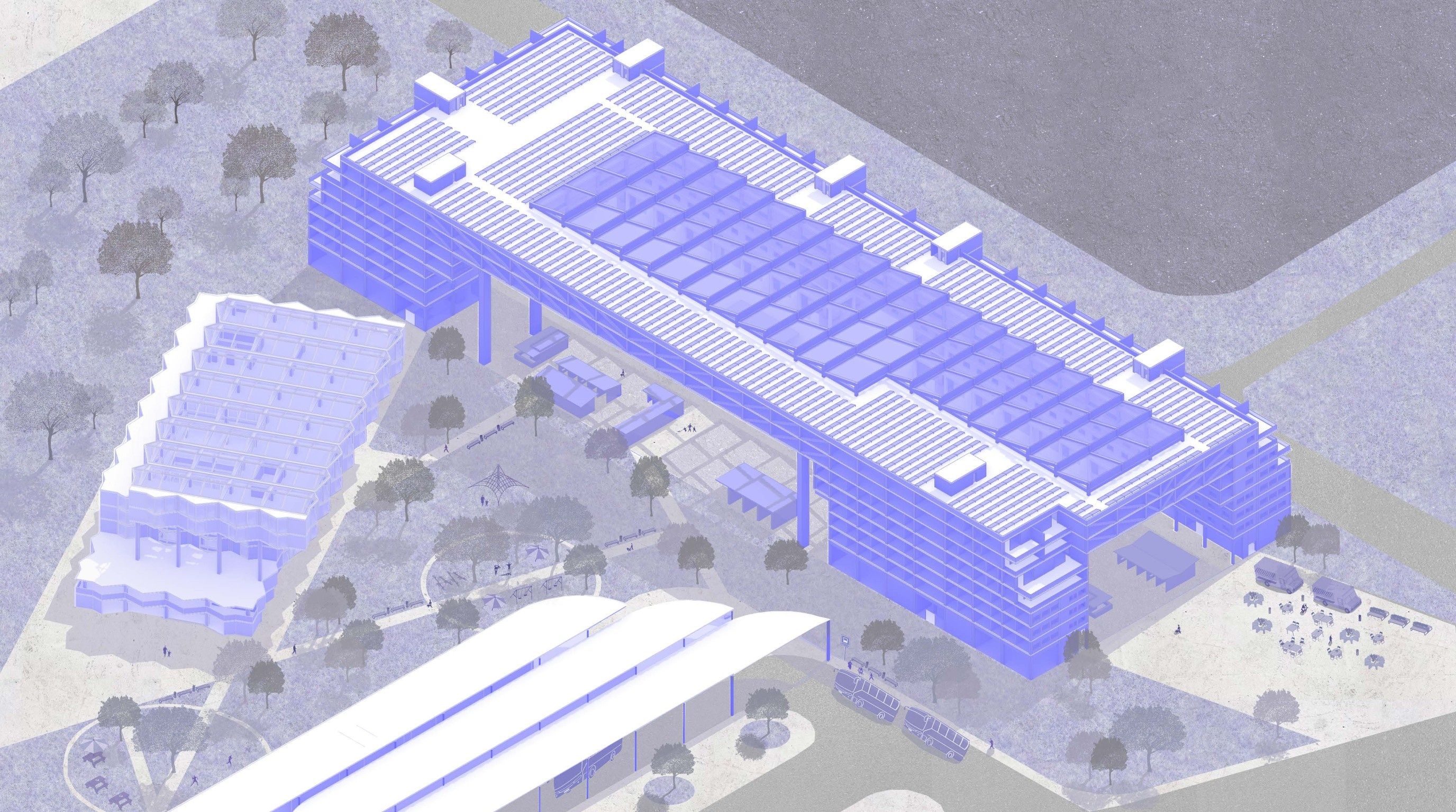 Overall axonometric of two residential volumes linked by an elevated glazed bridge structure, sited beside a rail line and public plaza
