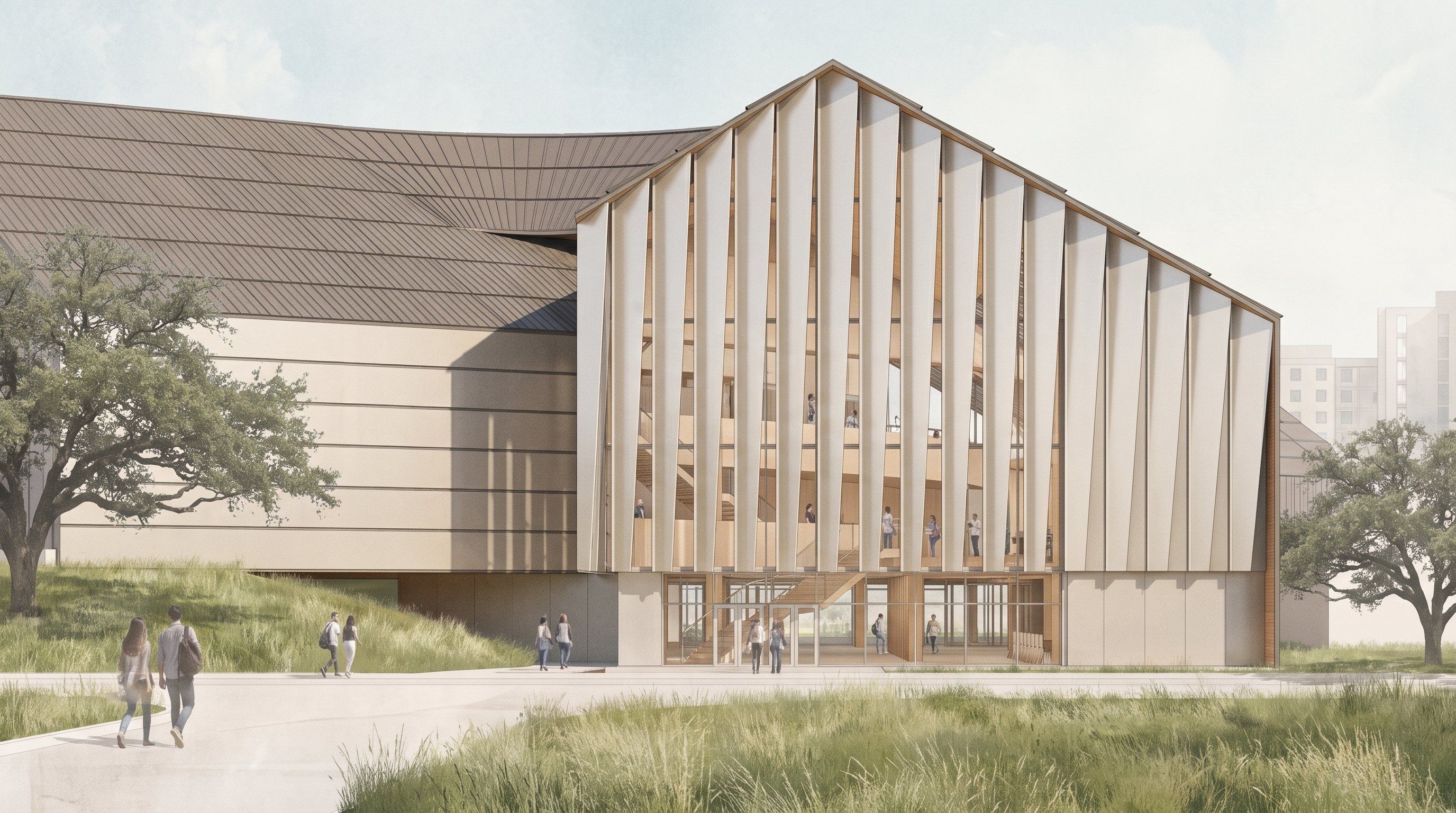 Rendering of the gabled entry facade with vertical wood fins, students crossing the lawn toward the glazed ground-floor entrance