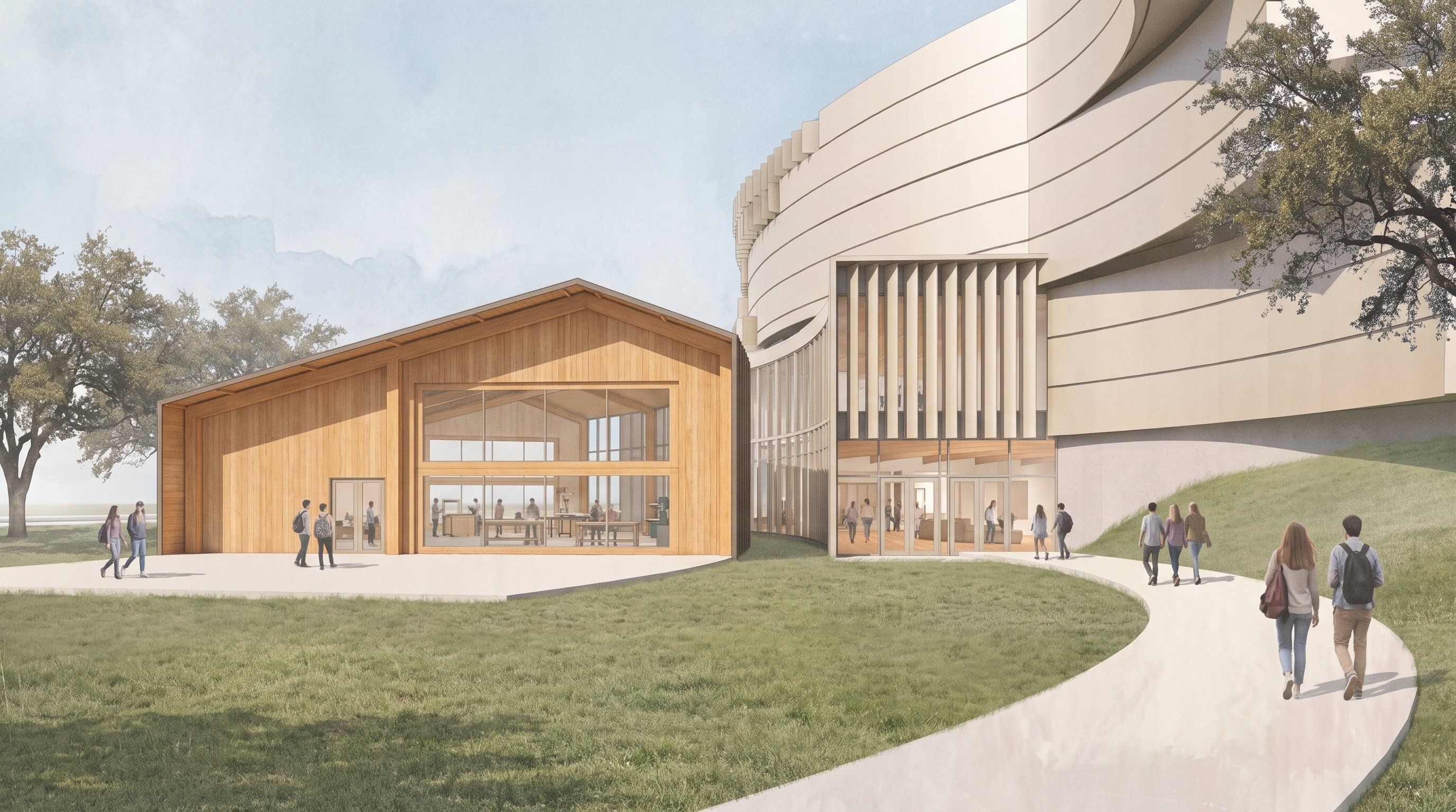 Rendering of the entry courtyard where a wood-clad gabled volume meets a curved, ribbed facade, with students walking the path between them