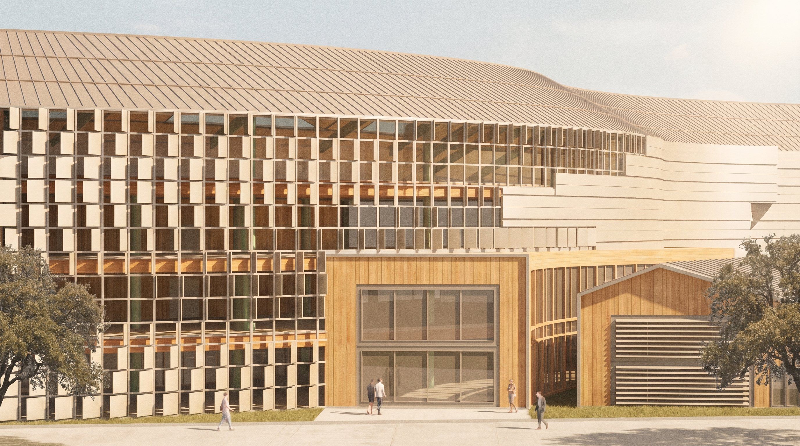 Rendering of the perforated wood-screen facade over the entrance, with a curved wing and secondary gabled volume beyond