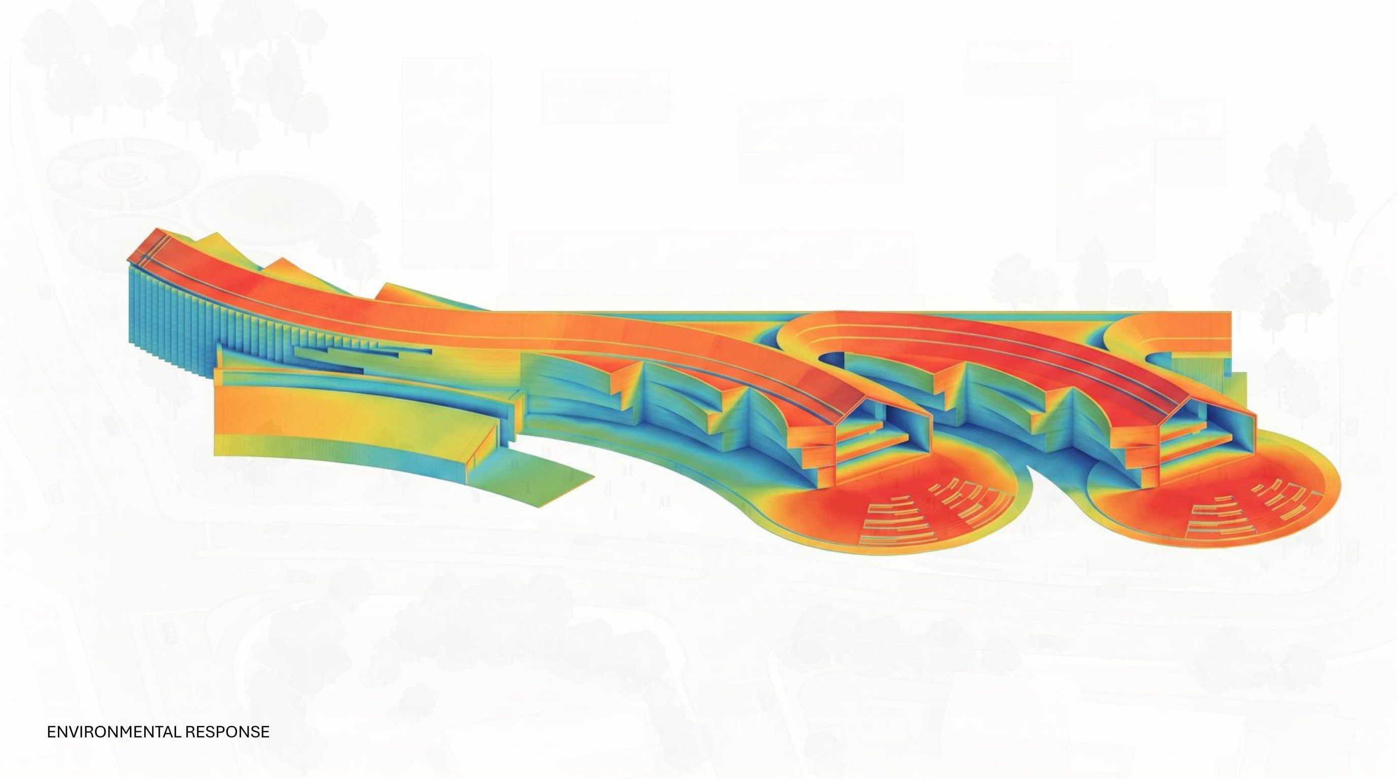 Axonometric diagram with a rainbow heat-map overlay illustrating the building's environmental response across its curved form