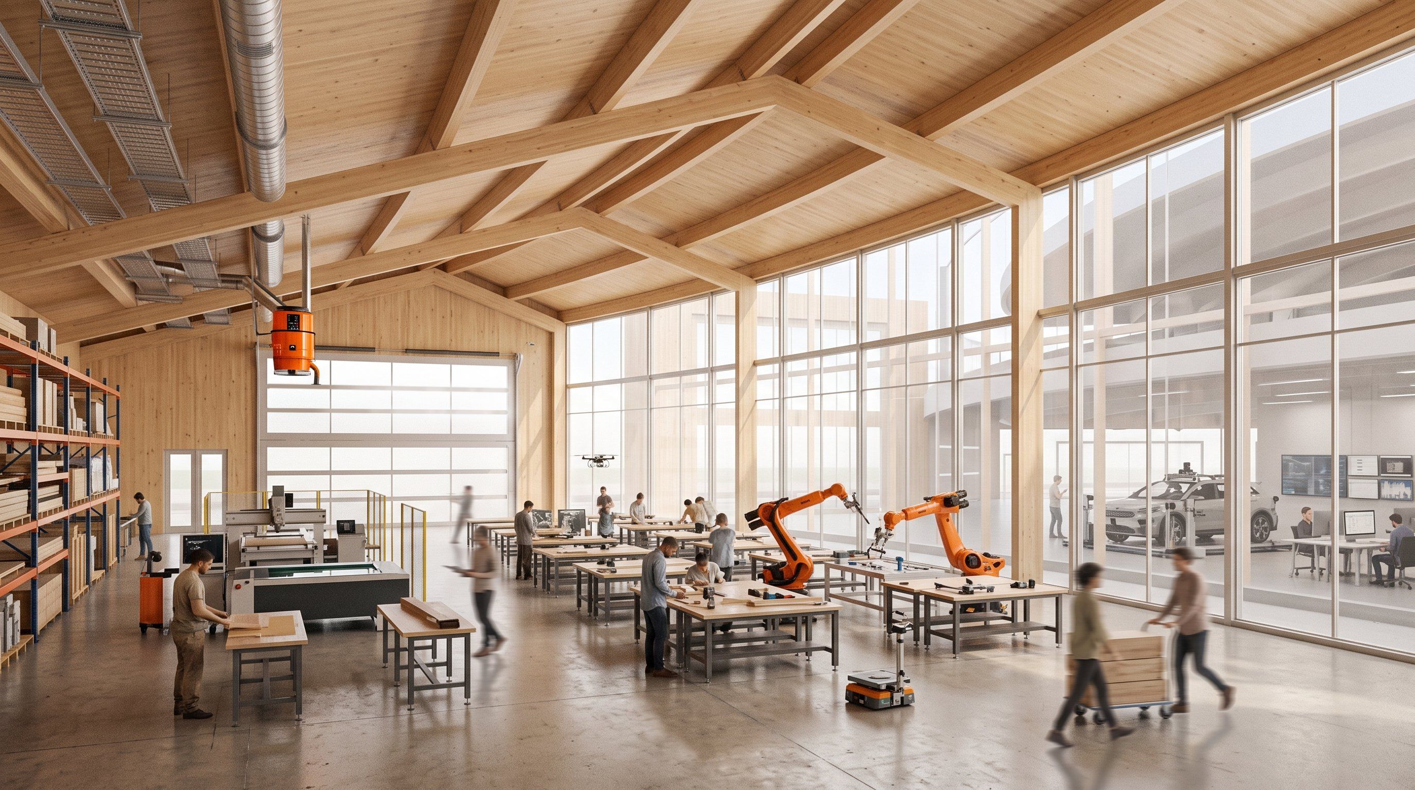 Interior rendering of a timber-framed fabrication lab with robotic arms, CNC equipment, and material storage along a glazed wall