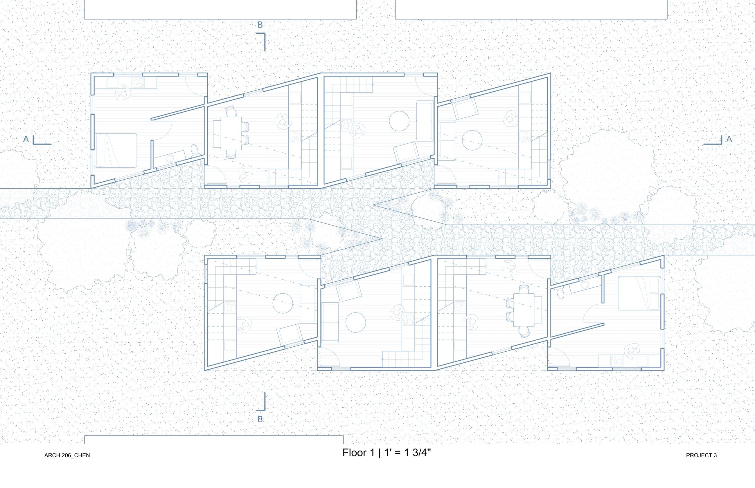 Floor 1 plan of the modular housing units, showing angled unit footprints arranged along a central pathway