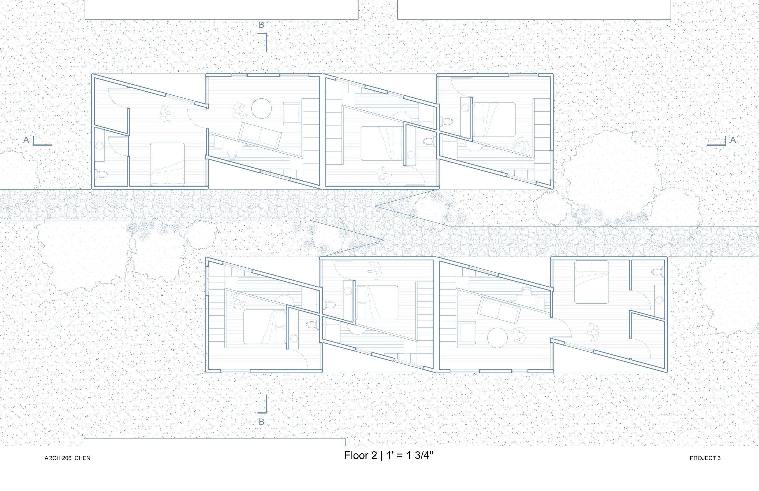 Floor 2 plan of the modular housing units, showing angled unit footprints arranged along a central pathway