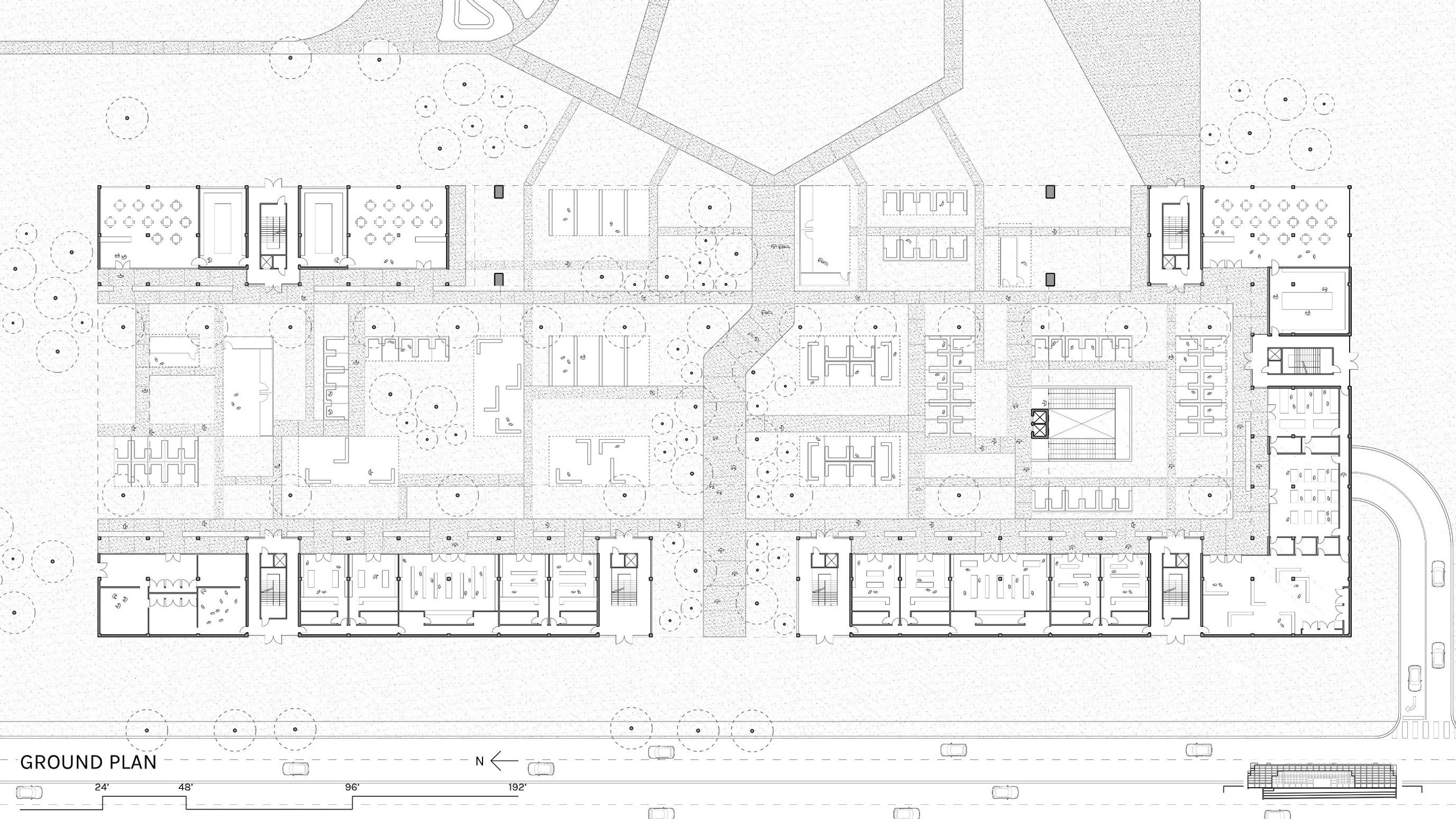 Ground floor plan showing lobby, amenity, and retail spaces opening onto the surrounding landscaped plaza