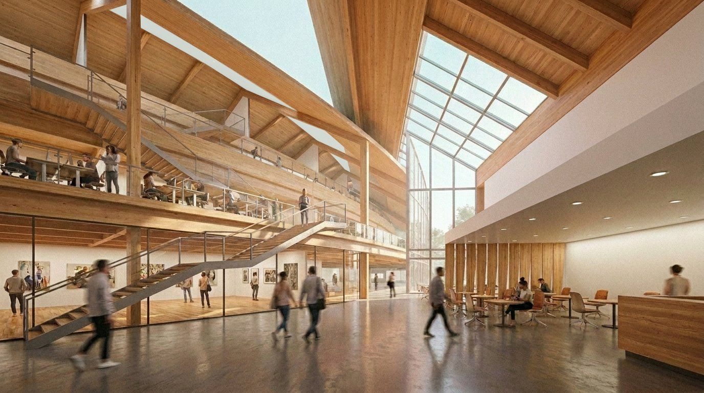 Interior rendering of a skylit atrium with a switchback stair connecting an open gallery below to a mezzanine study level above
