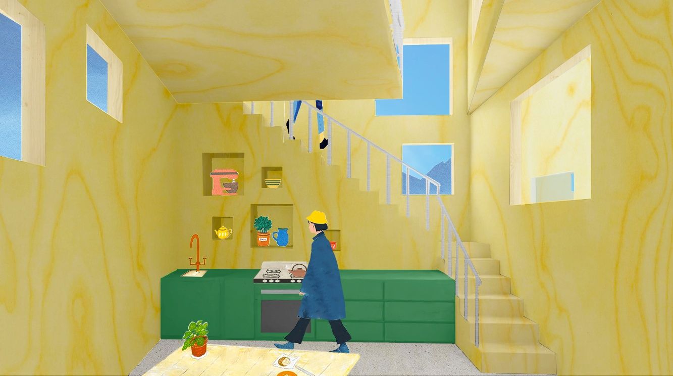 Illustrated interior view of a plywood-lined kitchen and stair, with a figure in a yellow hat walking through
