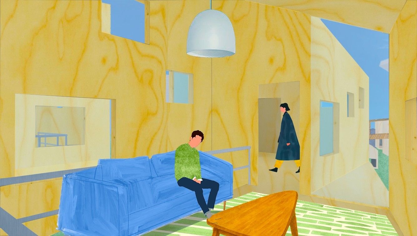 Illustrated interior view of a plywood-lined living room with a blue sofa, pendant light, and a figure walking through a doorway