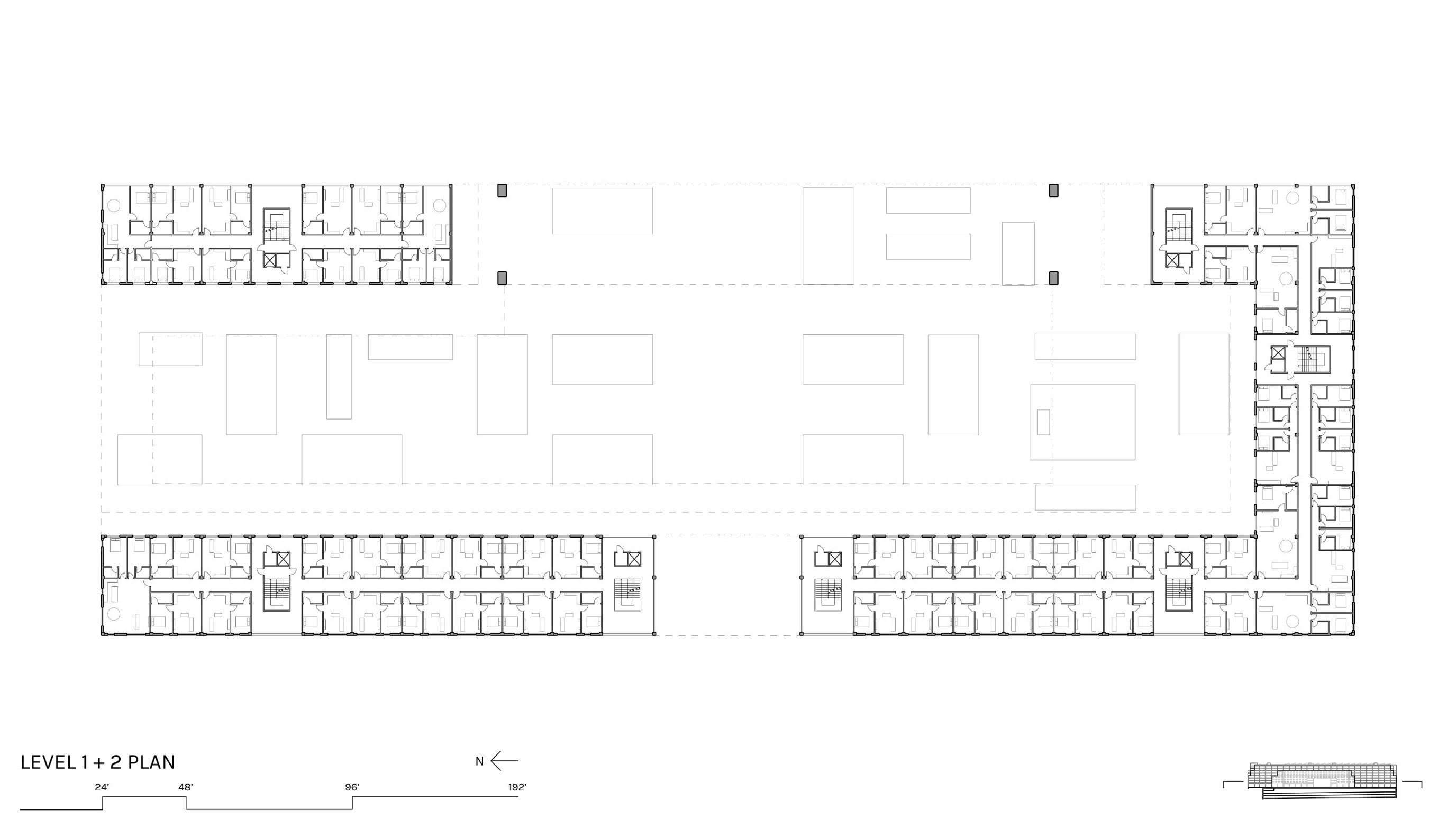 Level 1 and 2 combined floor plan showing residential units wrapping the building's perimeter around a central courtyard