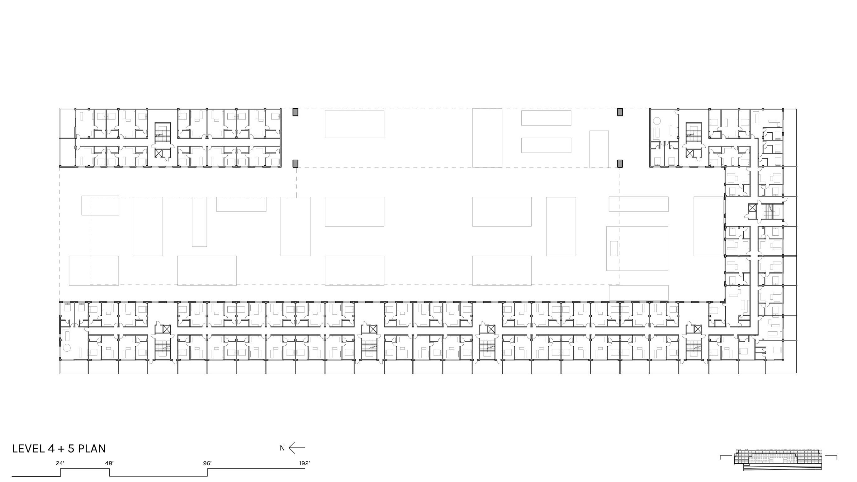Level 4 and 5 combined floor plan showing residential units wrapping the building's perimeter around the central courtyard