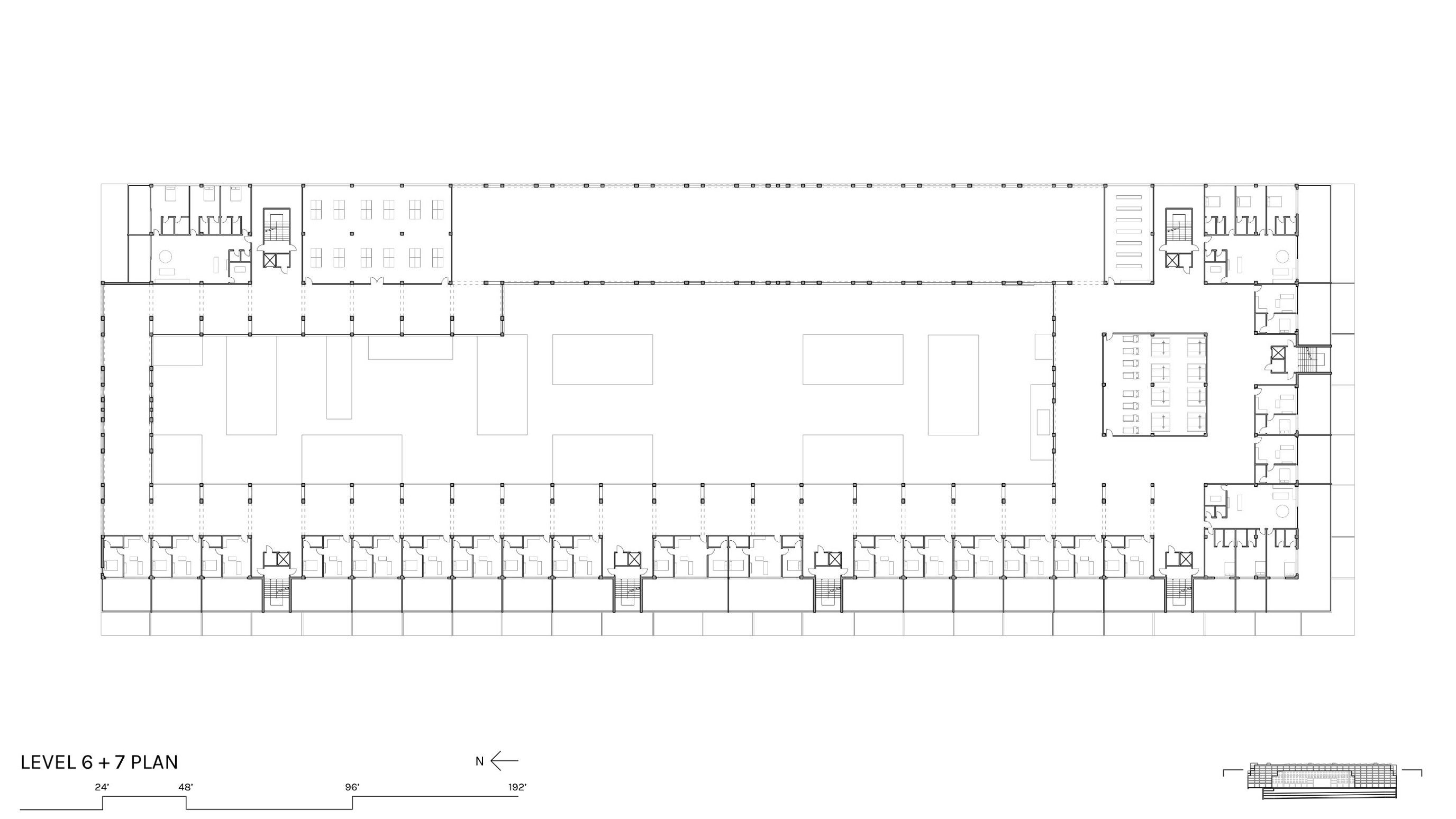 Level 6 and 7 combined floor plan showing residential units wrapping the building's perimeter around the central courtyard