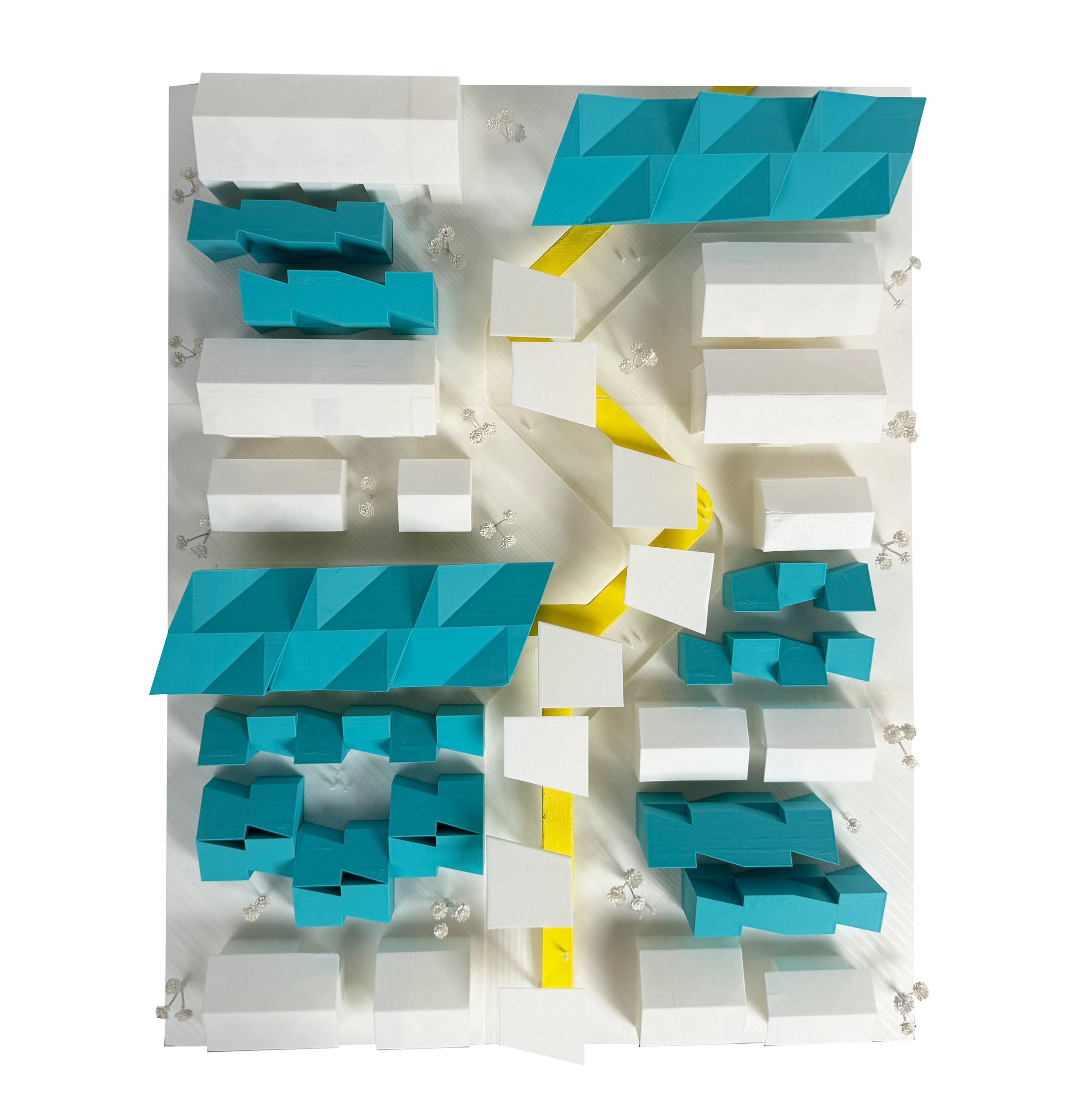 Physical model photograph, top-down view of the modular housing cluster and pathway