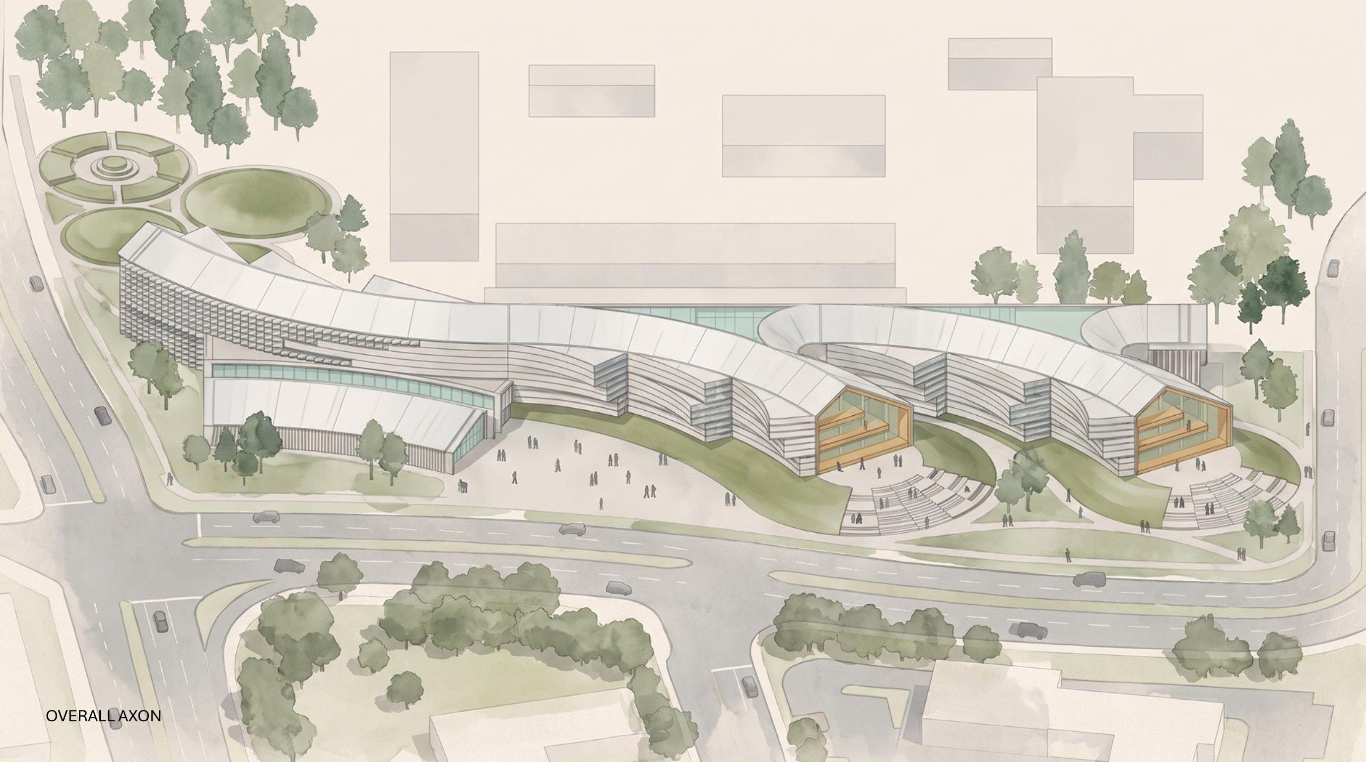 Rendered overall axonometric of the curved timber-clad building within its landscaped site, showing the entry plaza, amphitheater seating, and surrounding paths