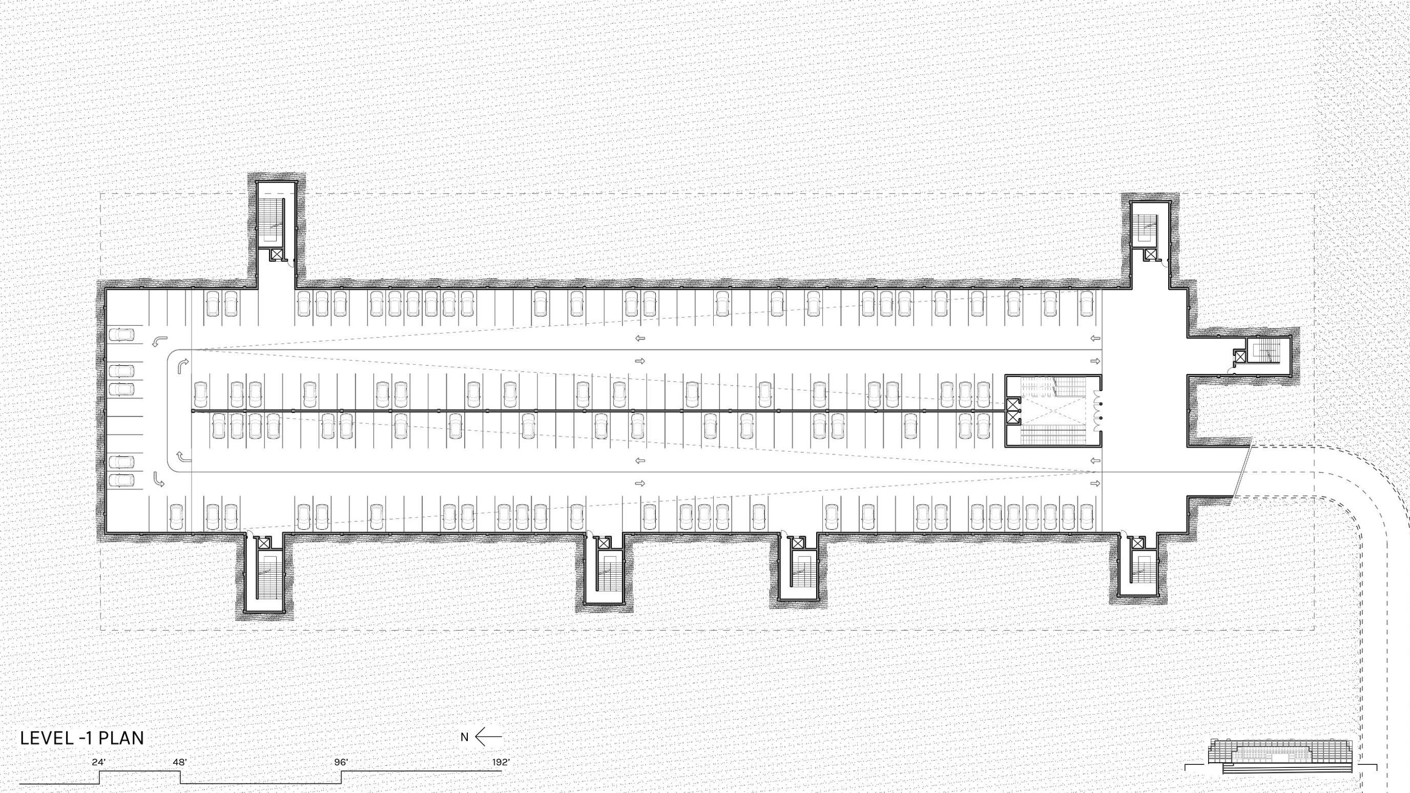 Level -1 parking plan showing the below-grade garage layout with parking stalls, circulation aisles, and stair cores