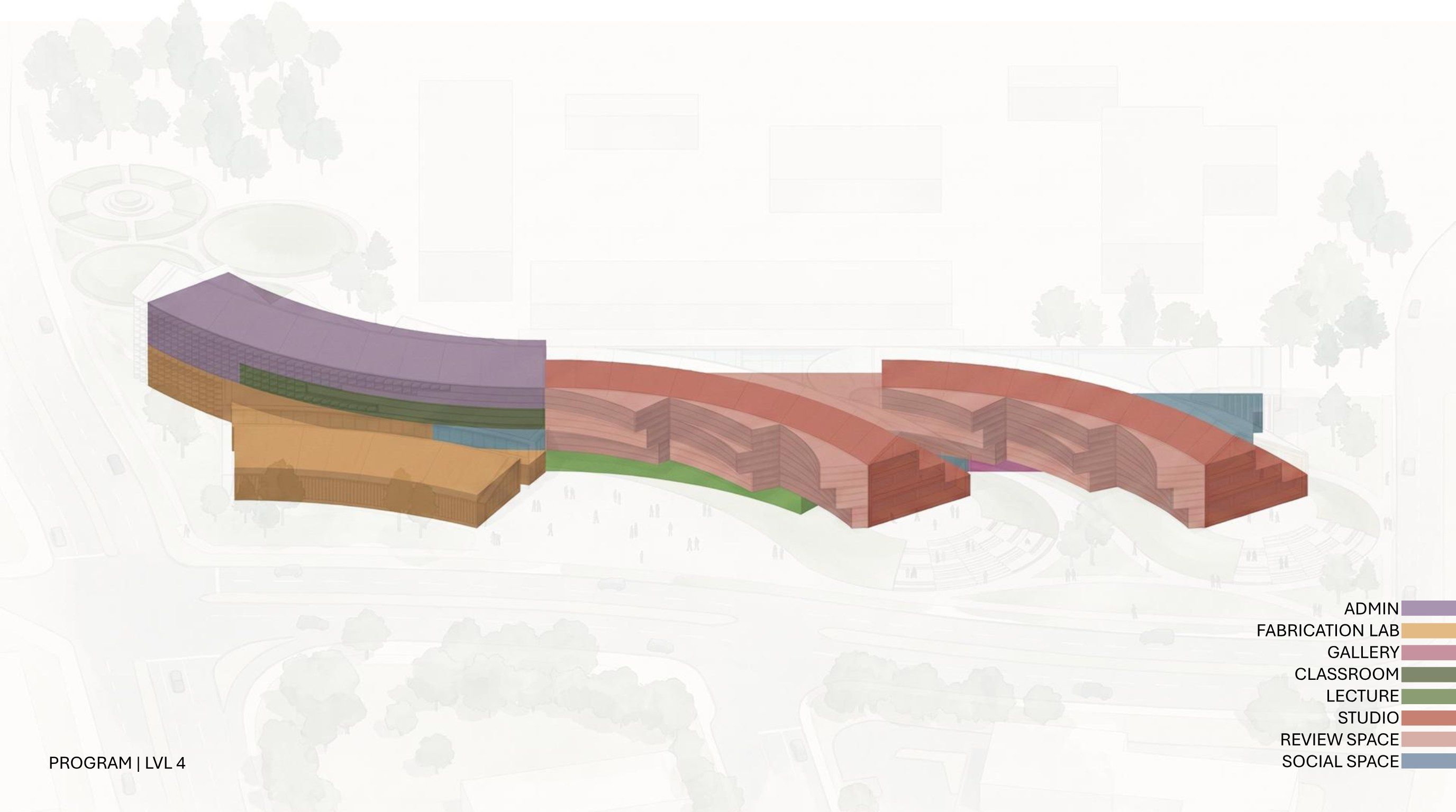 Color-coded axonometric diagram of level 4 program distribution, topped by admin space over classroom, fabrication lab, and studio