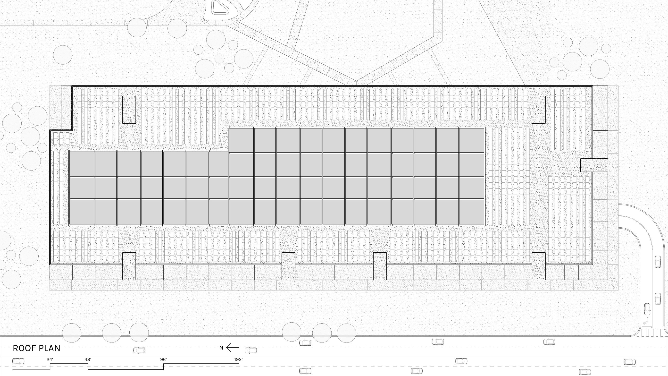 Roof plan showing the skylight glazing array set within the building's roof deck