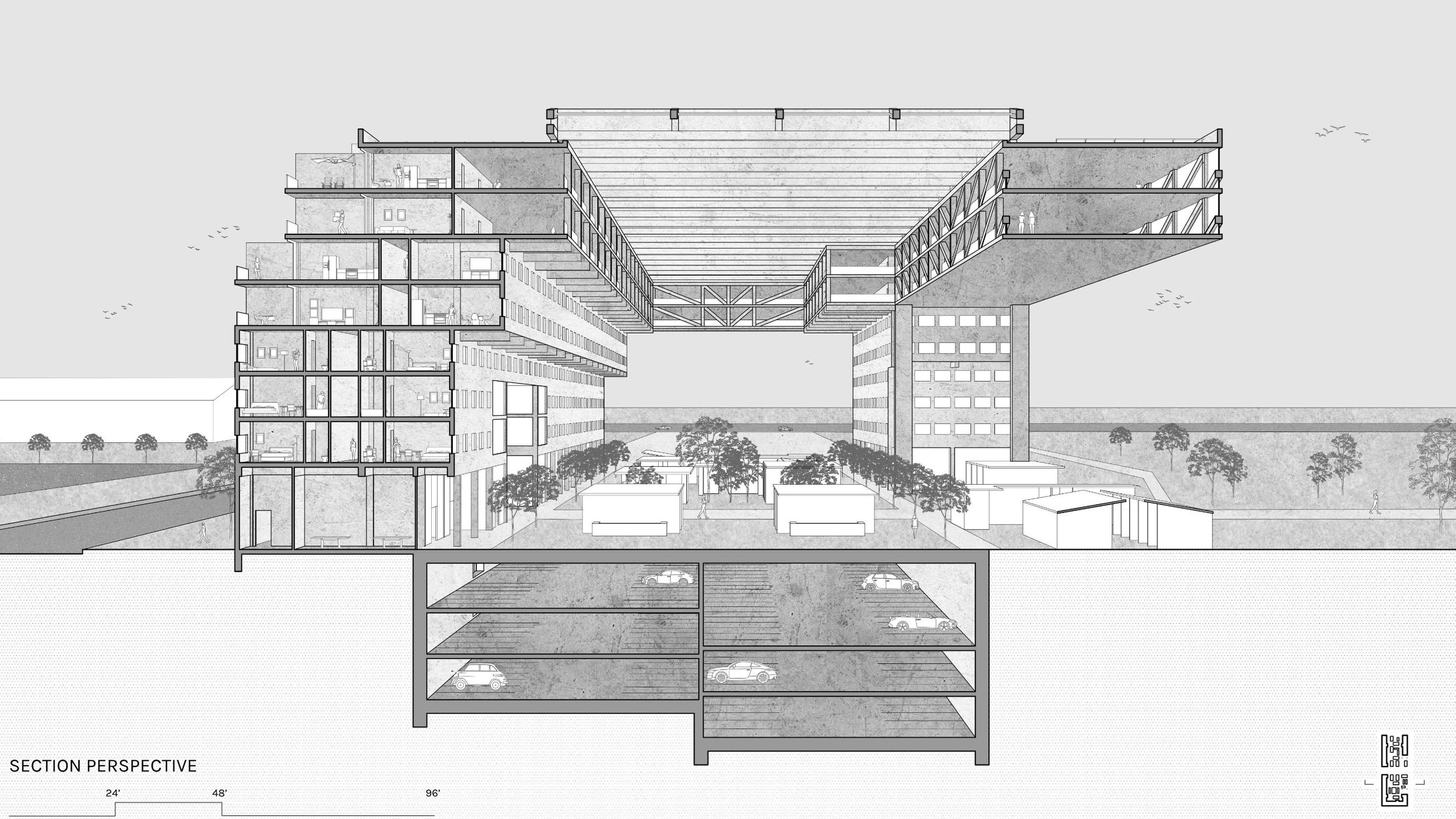 Section perspective cutting through the building, revealing residential floors, below-grade parking, and the elevated skylit bridge connecting the two wings