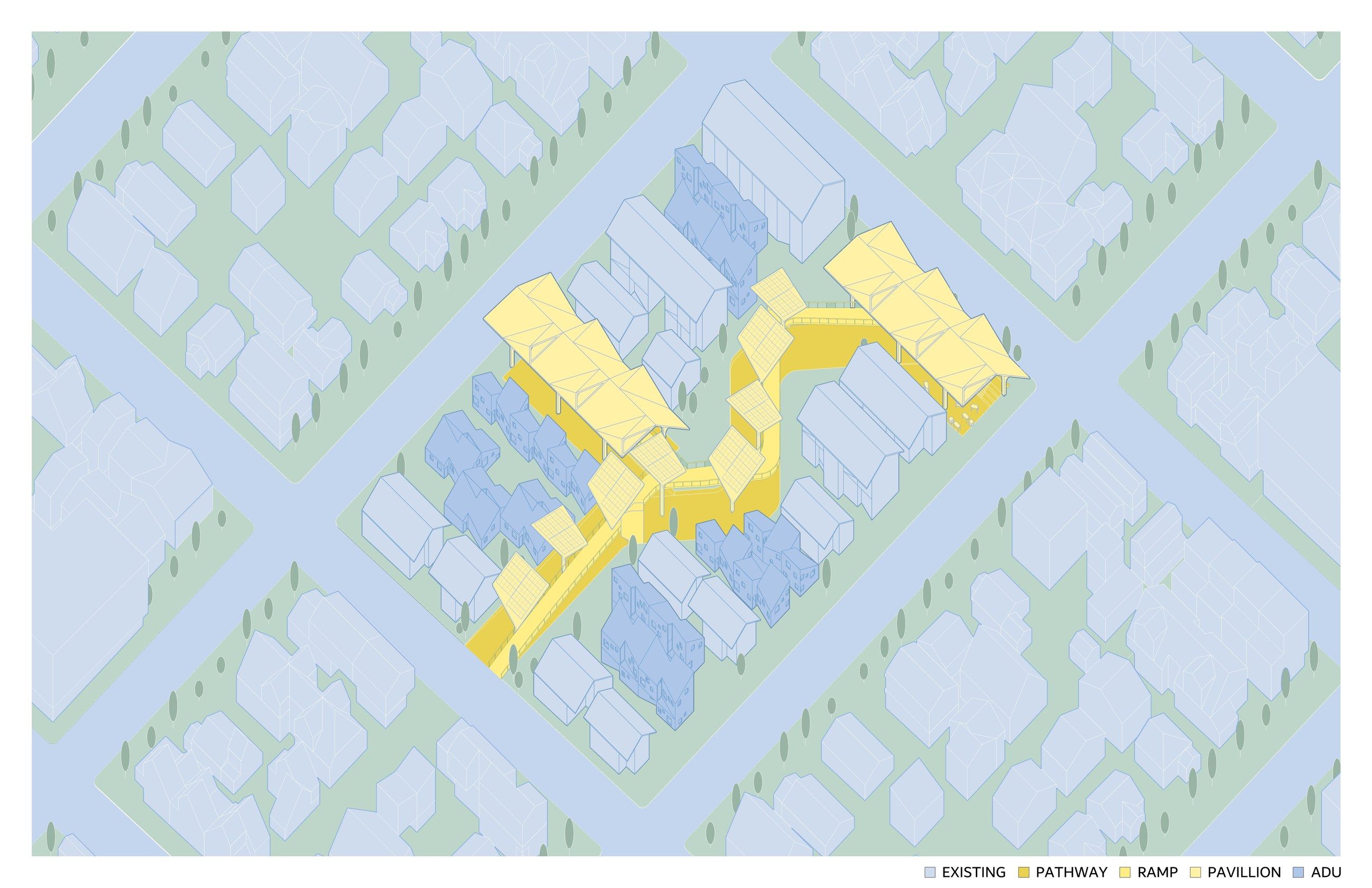 Colored site diagram with legend identifying existing buildings, pathway, ramp, pavilion, and accessory dwelling unit additions