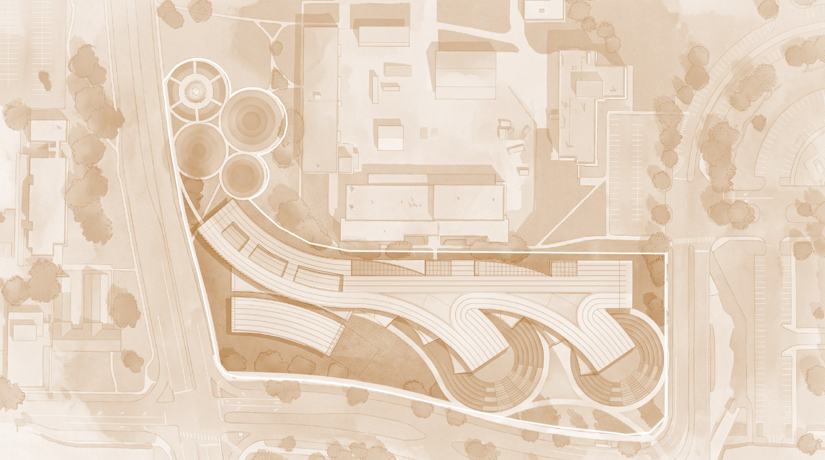 Sepia-toned roof plan of the building within its site, showing the curved plaza, amphitheaters, and surrounding landscape