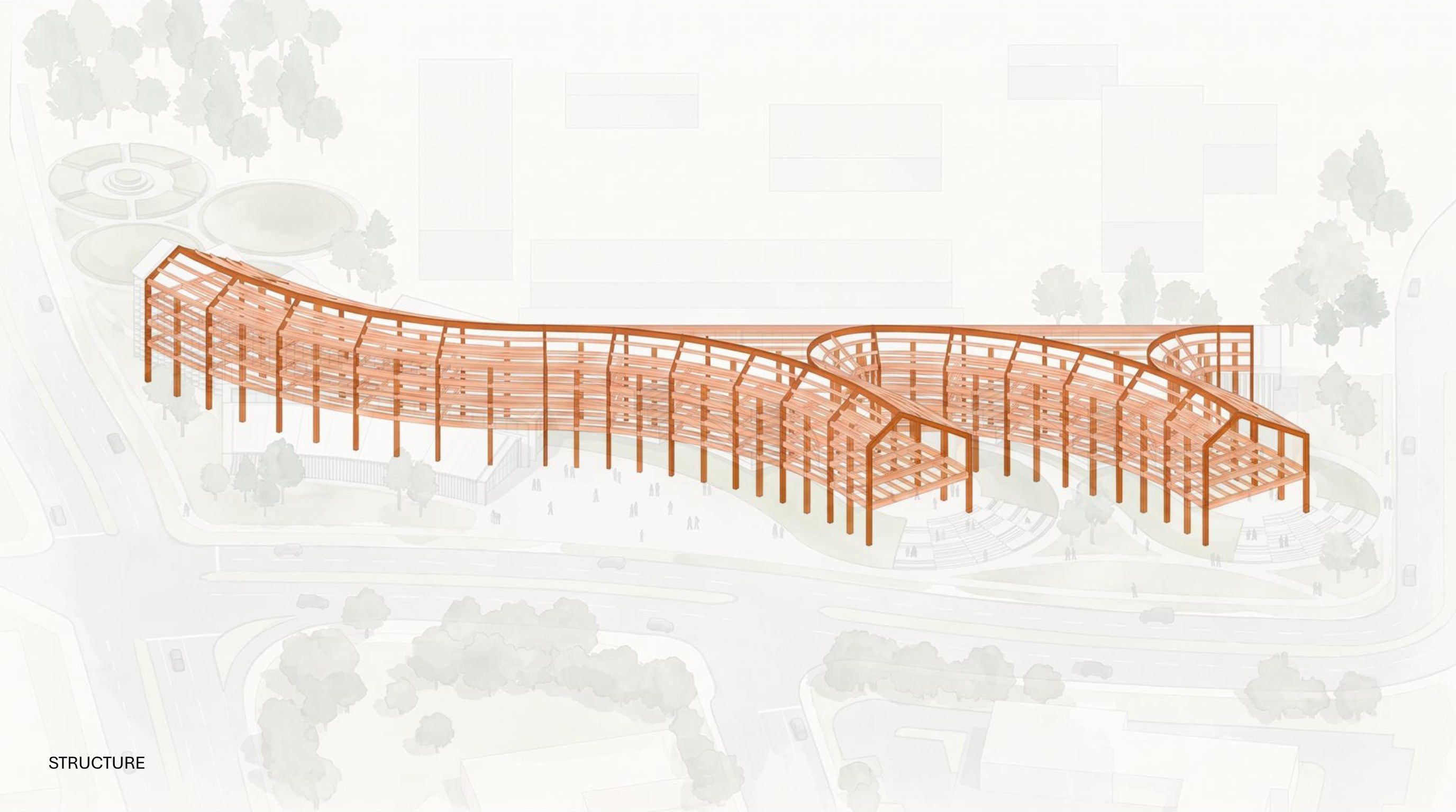 Axonometric diagram of the timber post-and-beam structural frame following the building's curved form