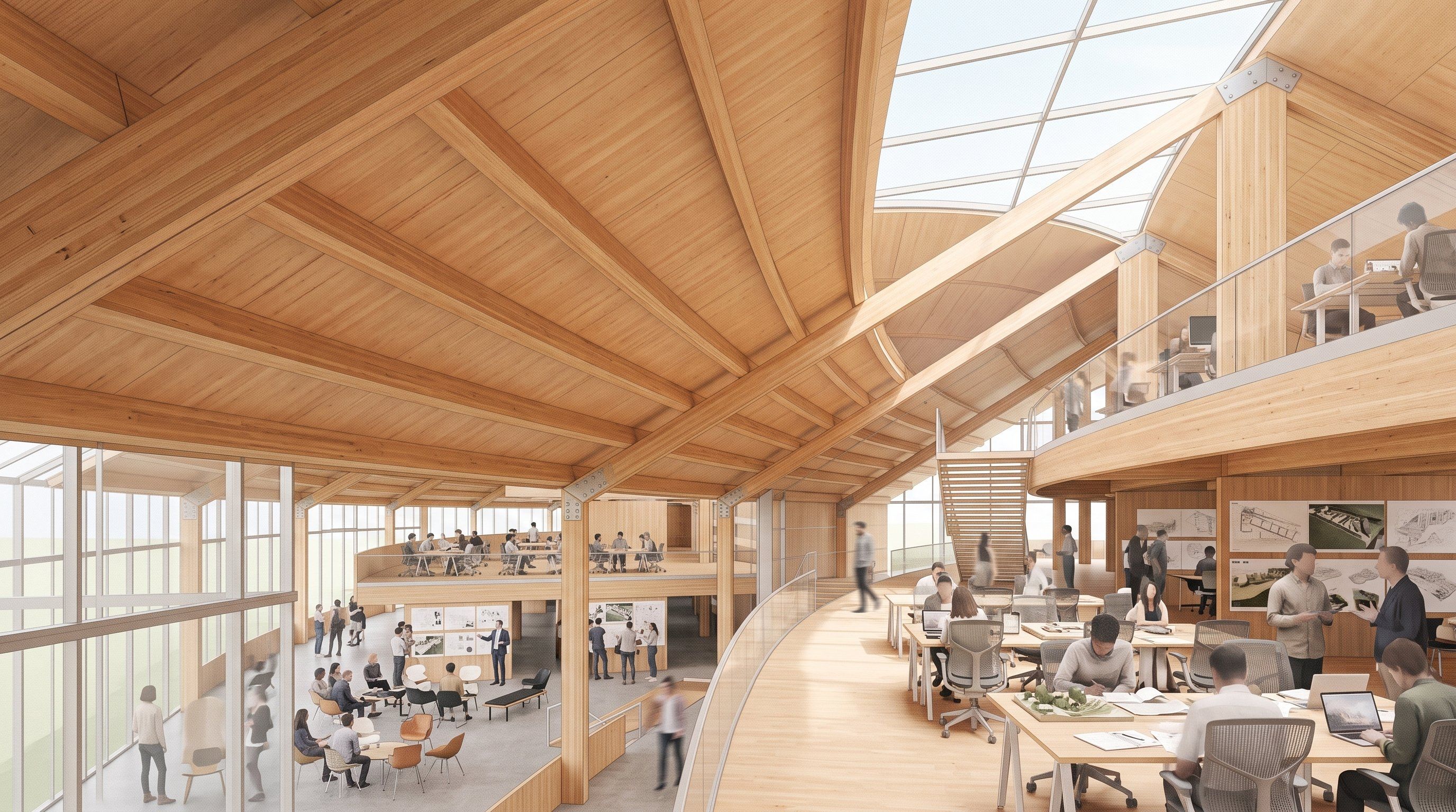 Interior rendering of a curved timber-framed studio space with desks, pin-up boards, and a mezzanine level under a long skylight