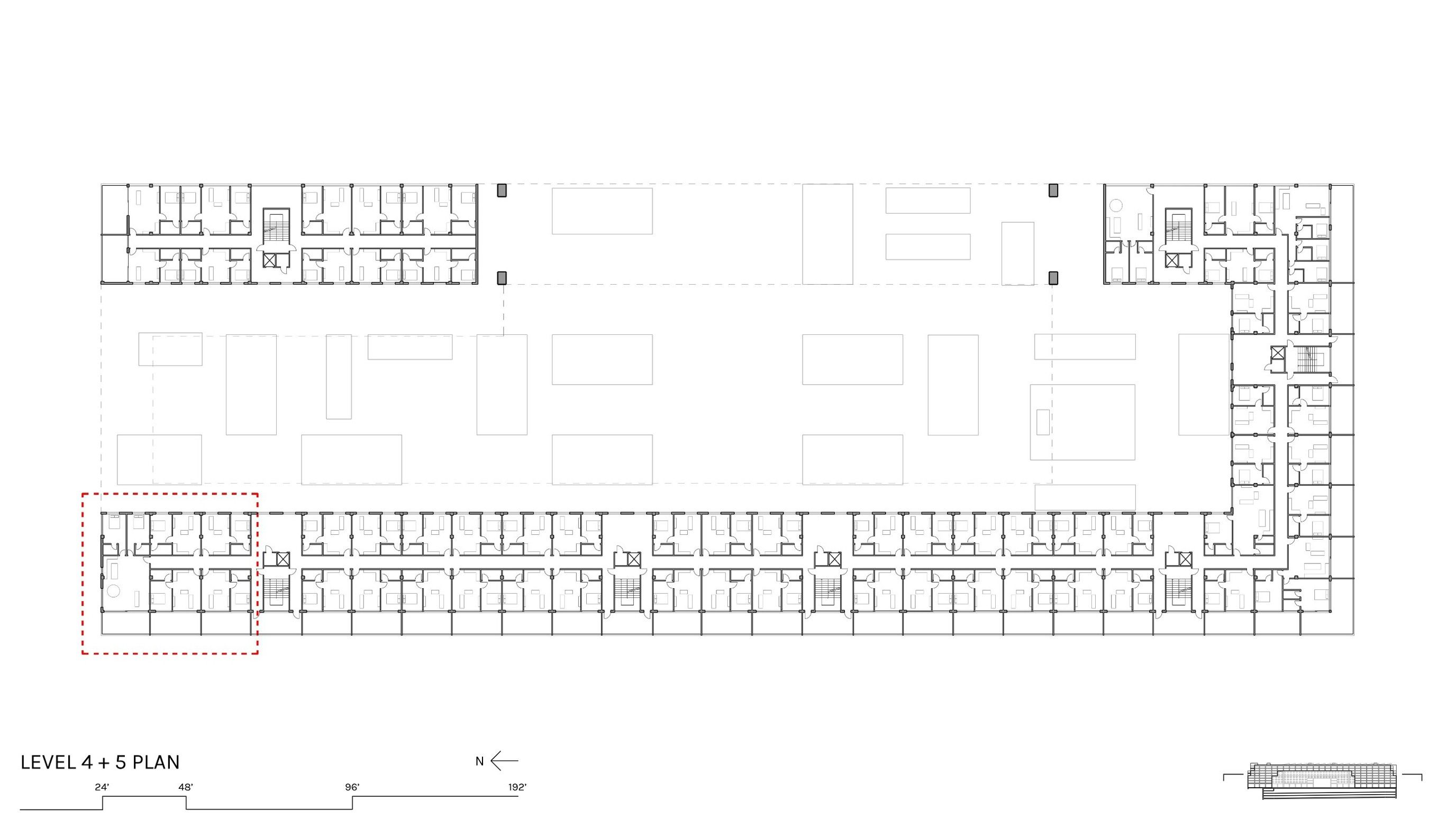 Level 4 and 5 floor plan with the location of the 1+2 bedroom unit type highlighted