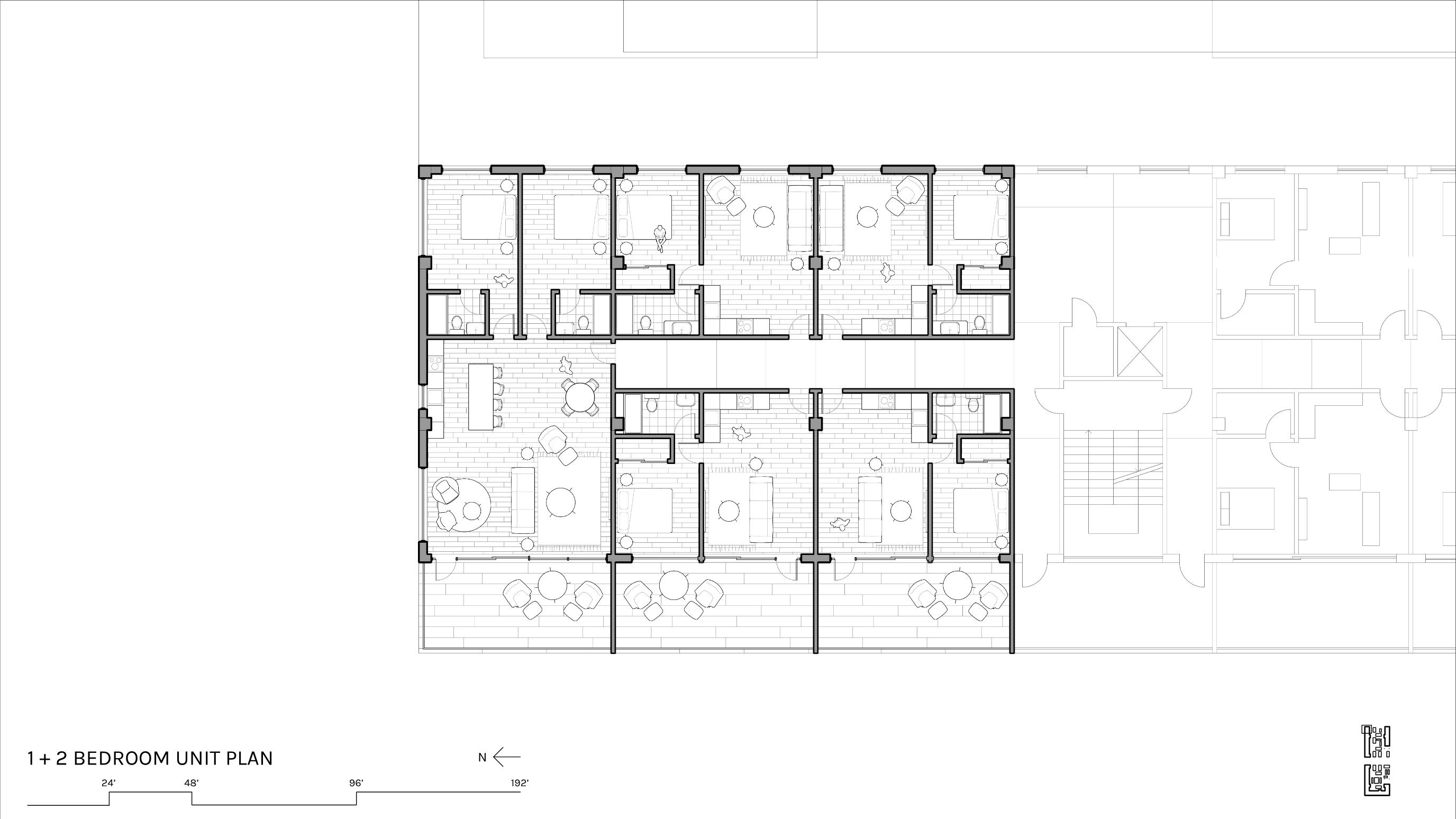 Enlarged 1+2 bedroom unit plan showing the bedroom, bathroom, and open living/kitchen layout