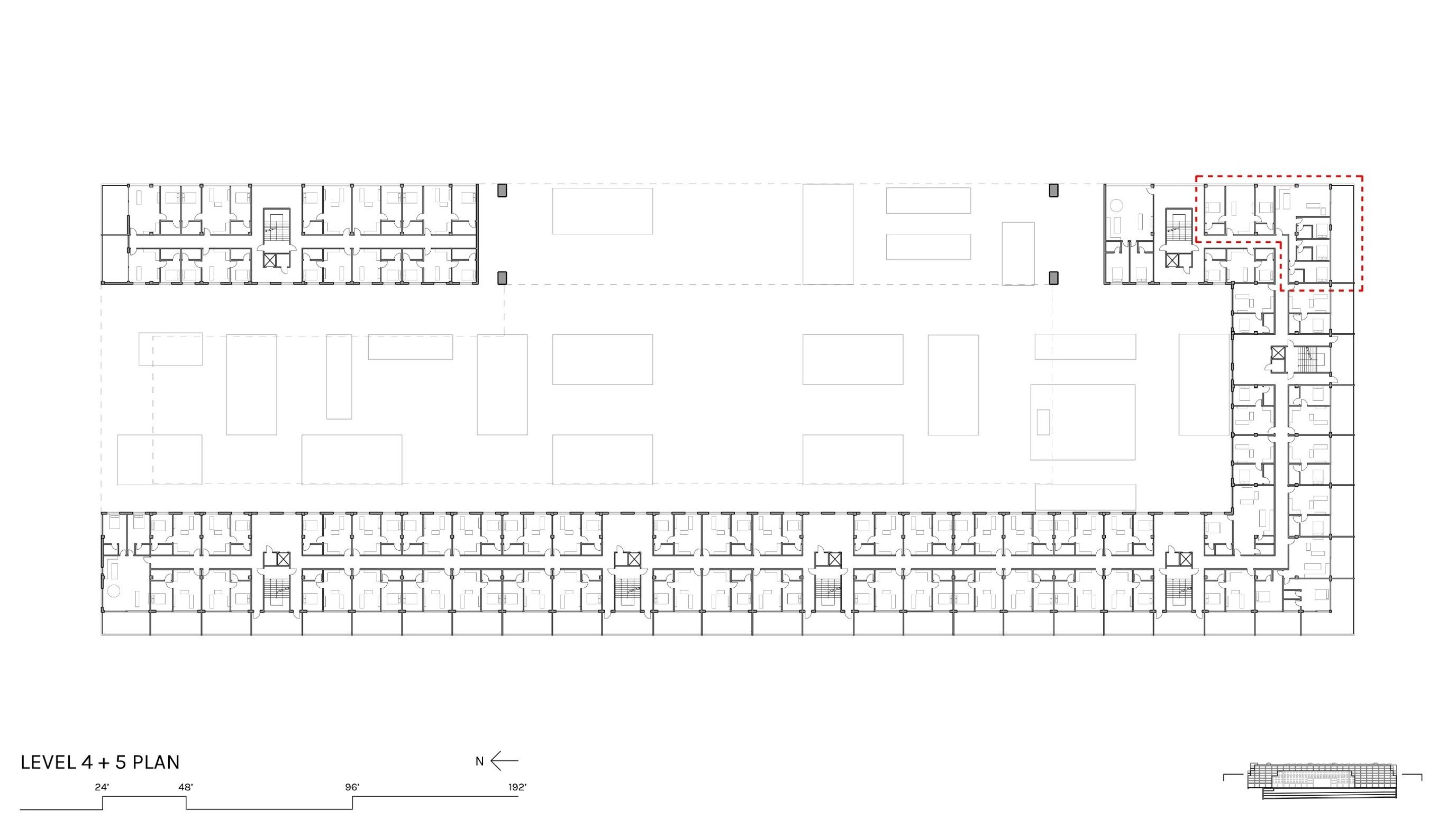 Level 4 and 5 floor plan with the location of the 2+3 bedroom unit type highlighted