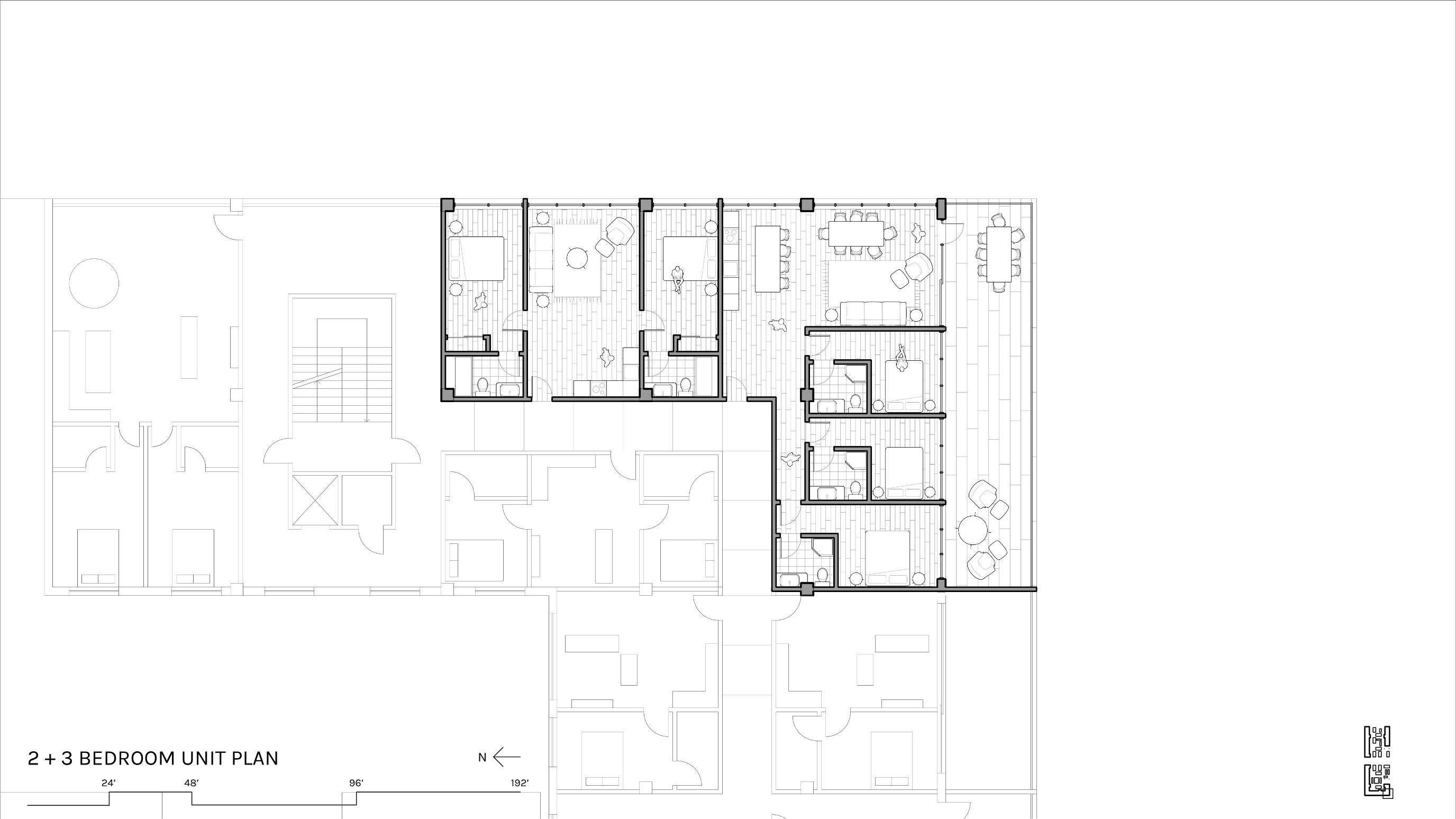 Enlarged 2+3 bedroom unit plan showing the bedrooms, bathrooms, and open living/kitchen/dining layout