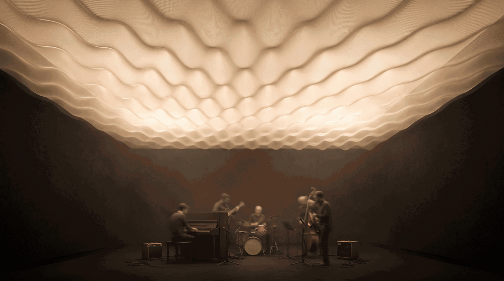 Looping rendering of the cymatic ceiling installation above a jazz quartet, its wave pattern subtly shifting between frames