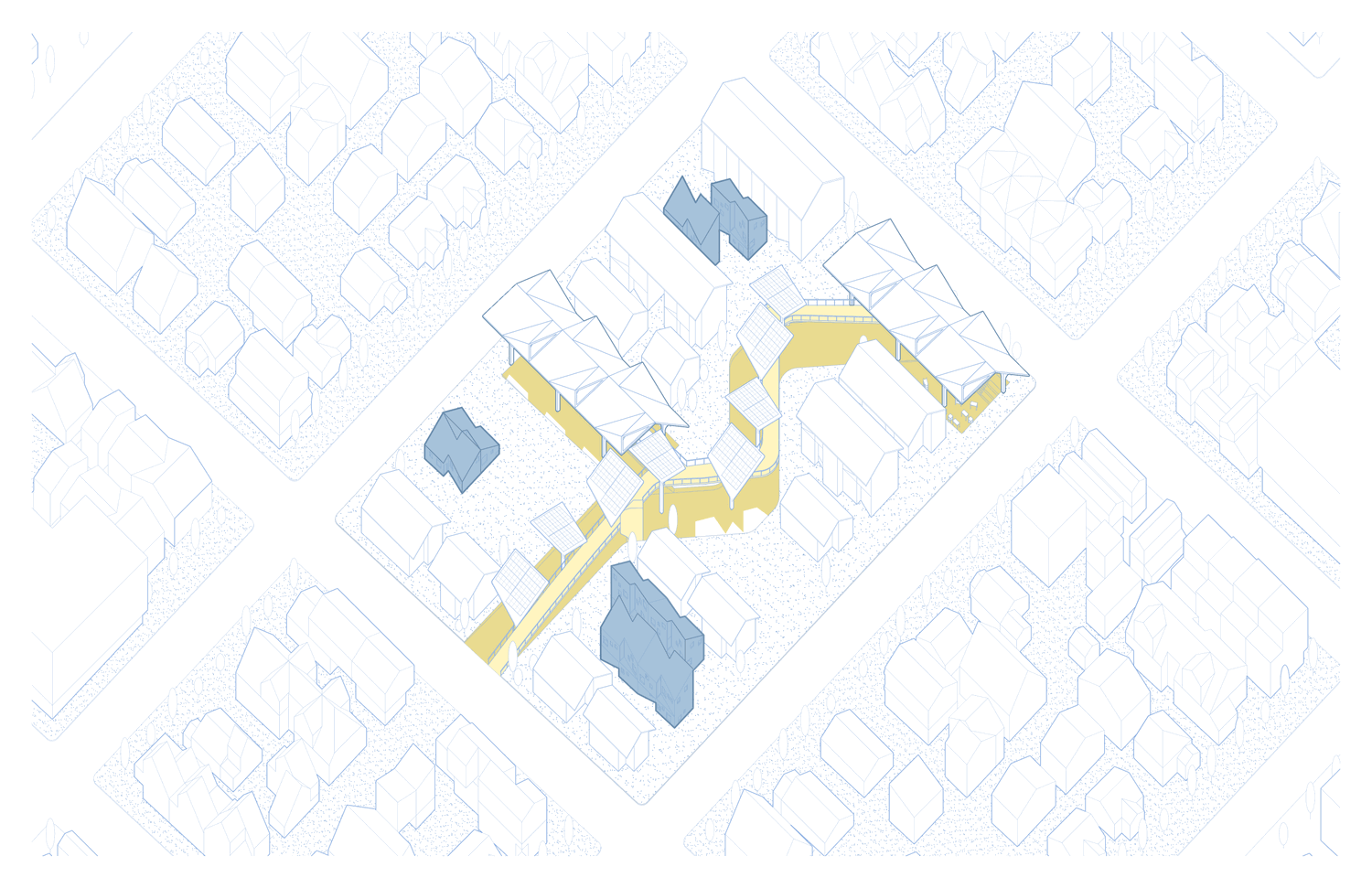 Looping animated site diagram showing accessory dwelling units incrementally added along the pathway and pavilion structure over successive phases